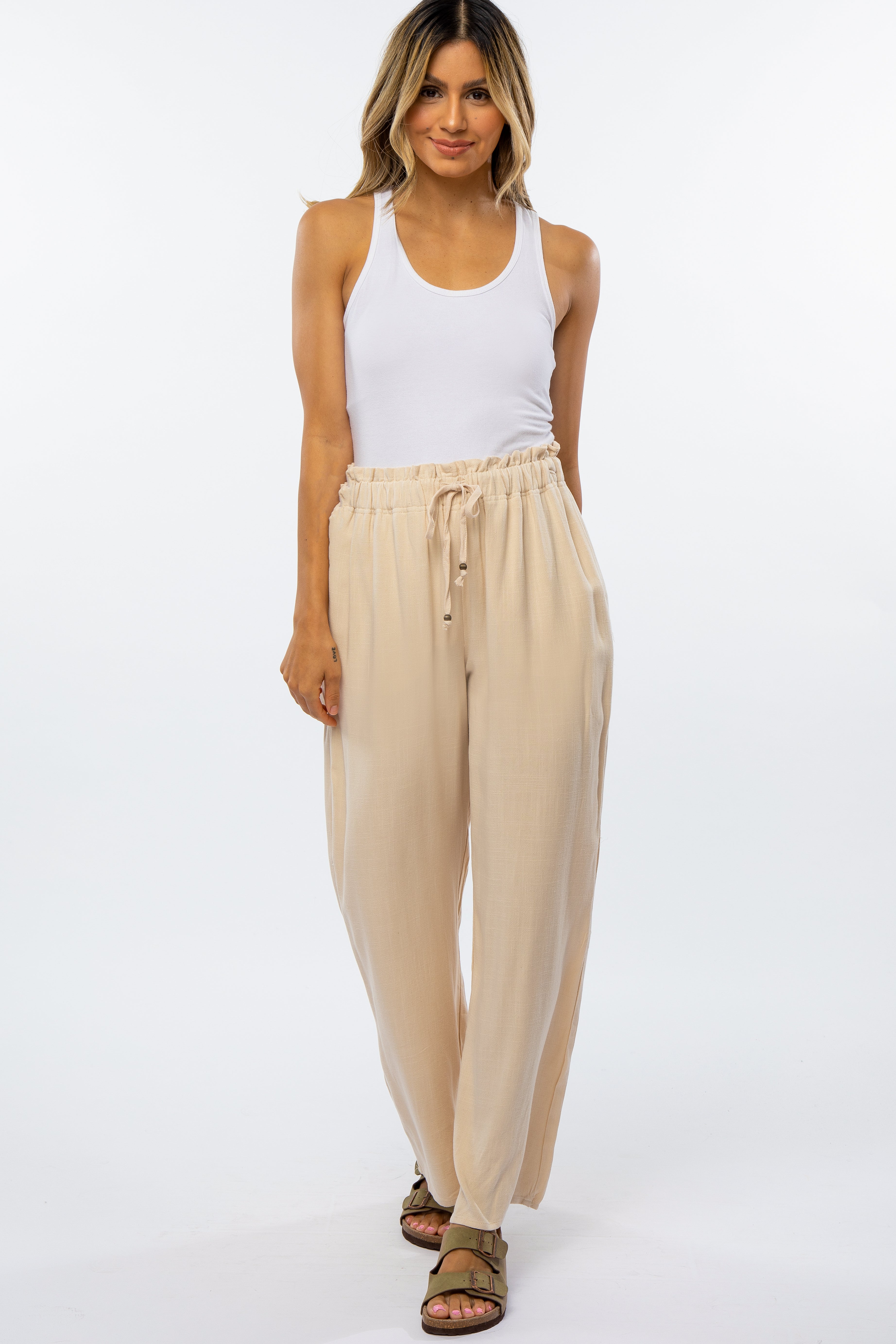 Beige Linen Maternity Pants with Drawstring Waist - Comfortable Pregnancy Pants for Casual Wear & Summer Outfits