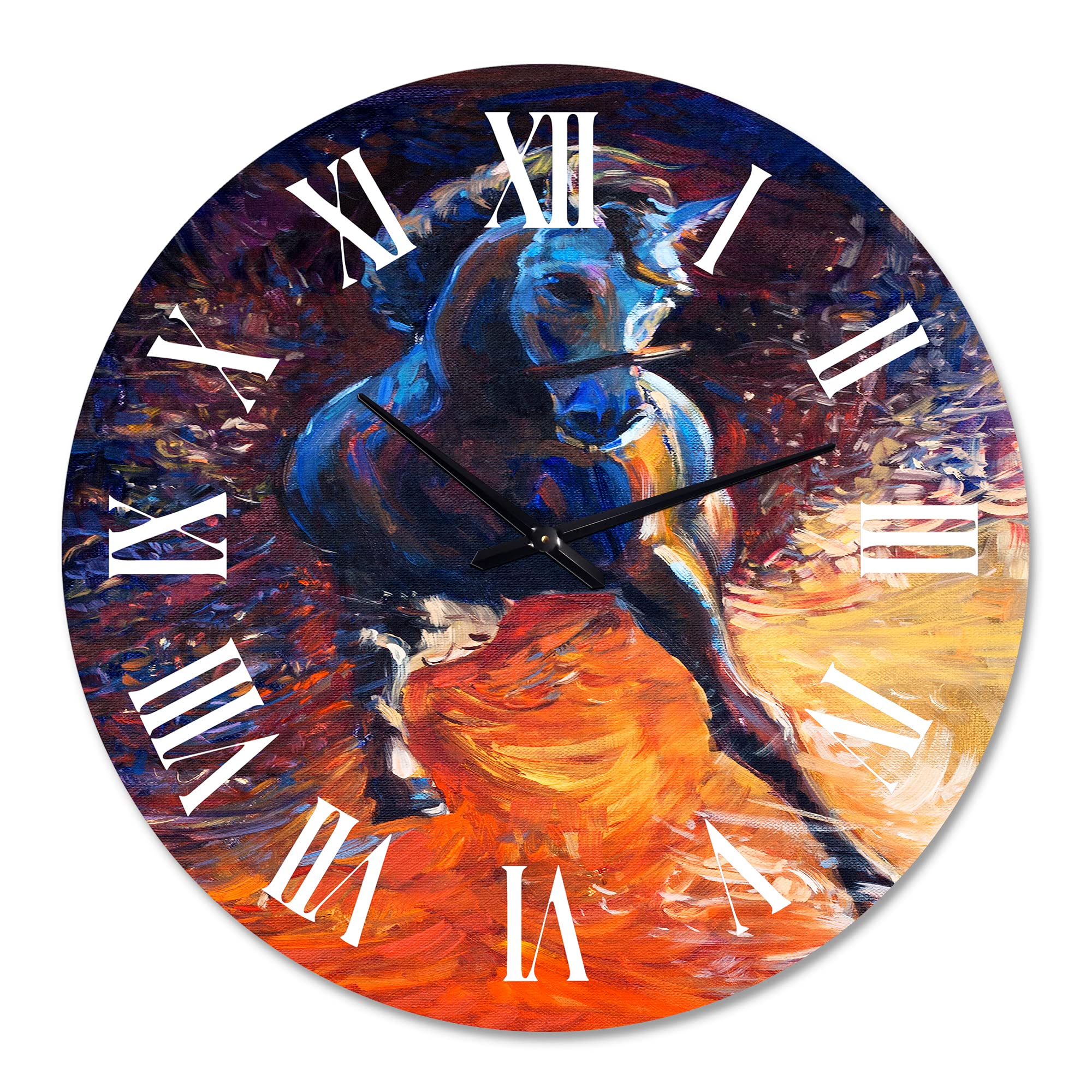 Farmhouse Wall Clock - 'Portrait of A Galloping Blue' Large Animal Wall Clock for Home & Office Decor | Rustic Country Style Clock for Living Room, Kitchen, Bedroom
