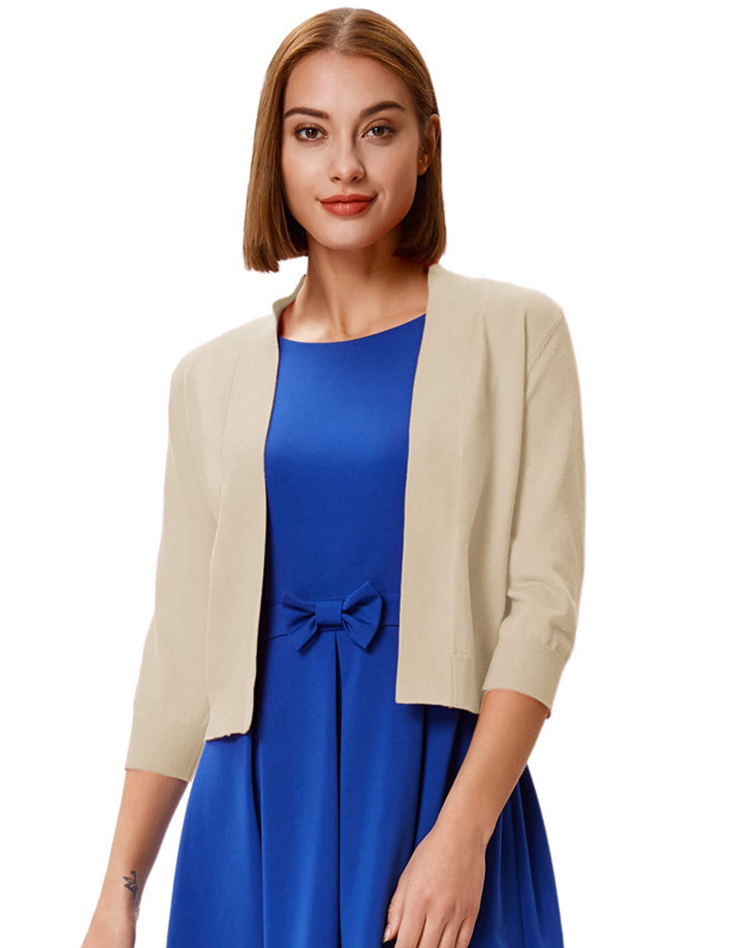 GRACE KARIN Women's 3/4 Sleeve Cropped Cardigan Sweater - Open Front Knit Shrug Bolero for Casual Outfits & Office Wear