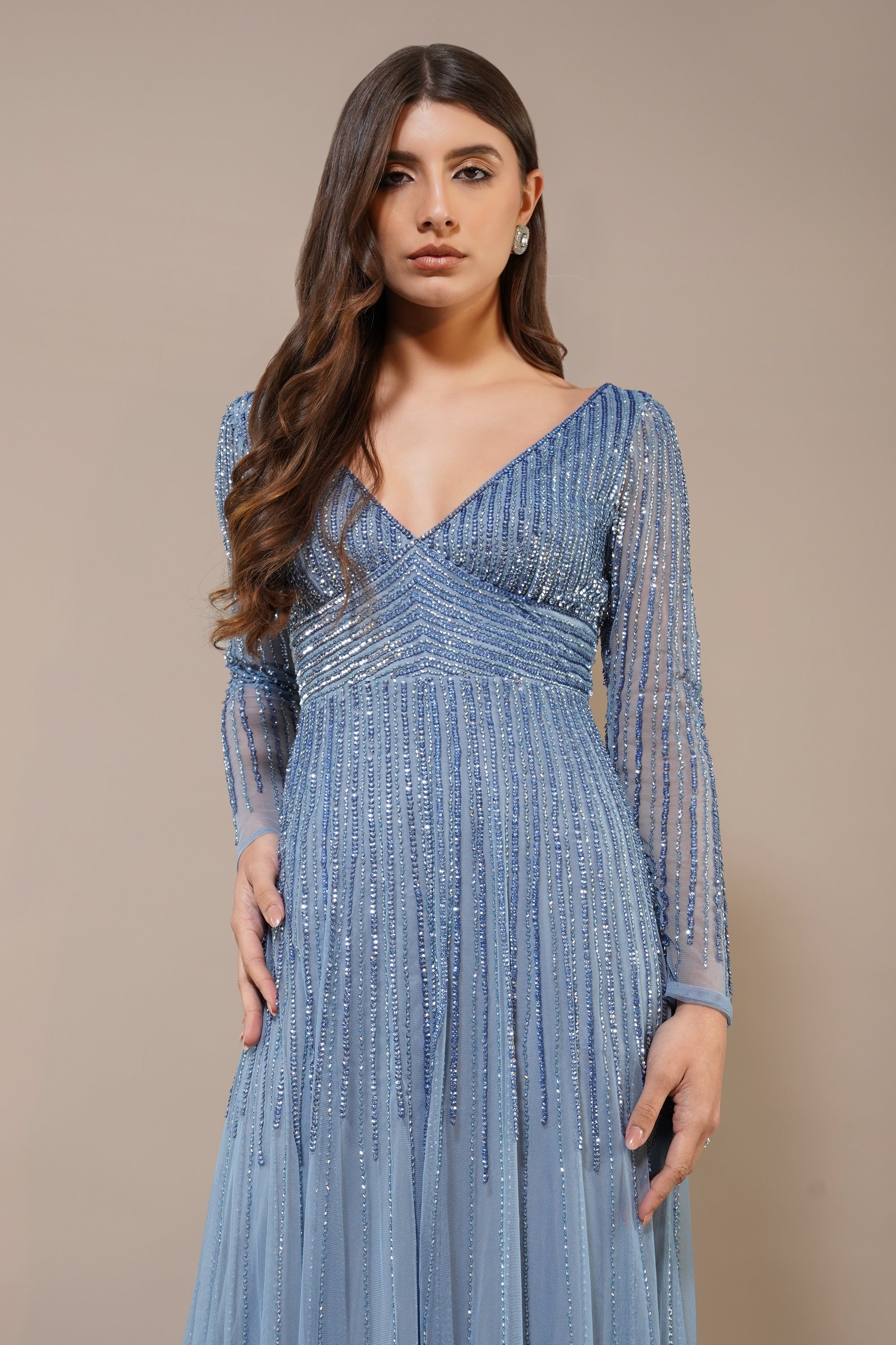 Laura Embellished Maxi Dress in Powder Blue - Elegant Floral Lace Evening Gown for Women, Perfect for Weddings, Prom, and Special Occasions