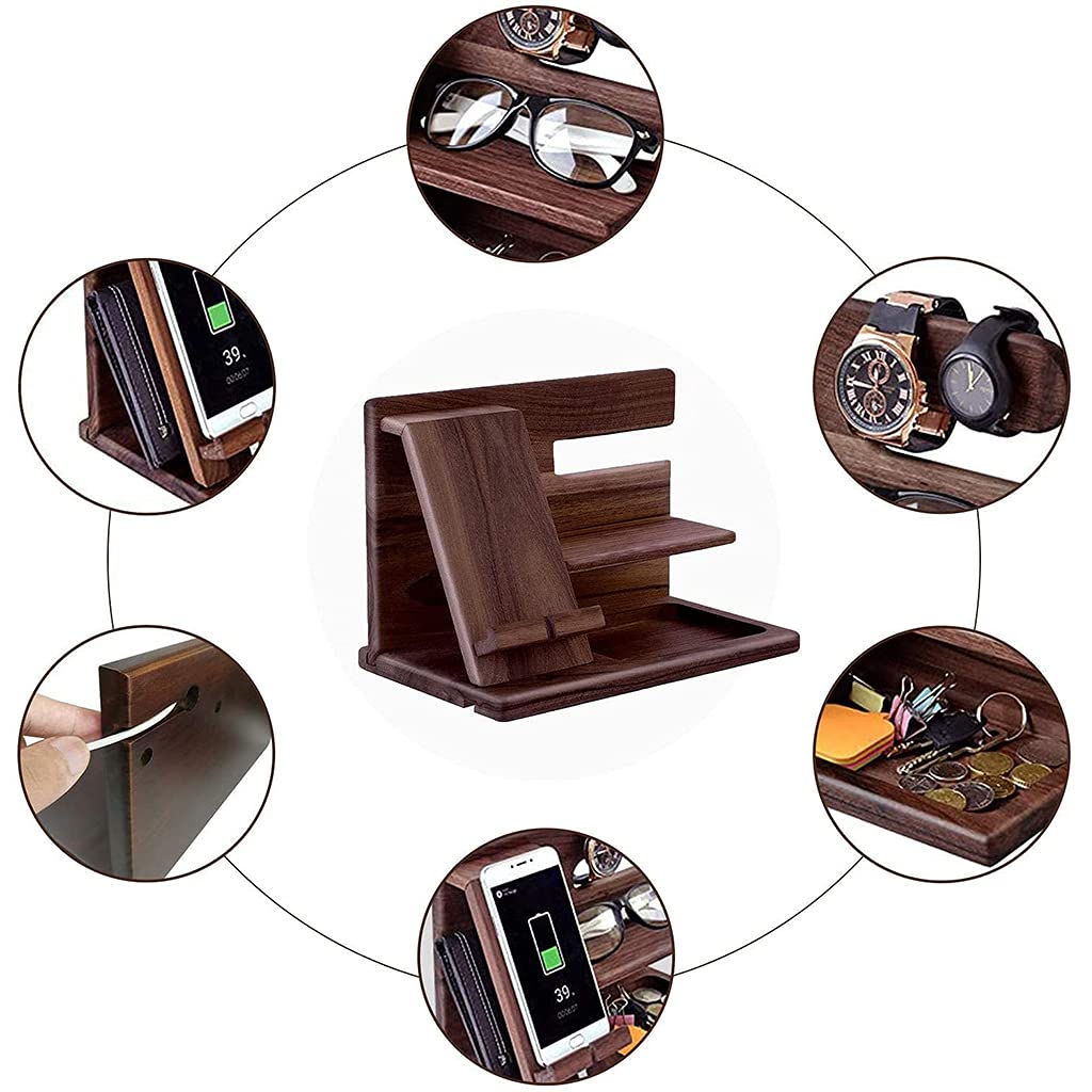 Wooden Bedside Organizer - Phone Holder, Docking Station, Wallet Stand, Watch & Glasses Storage Box for Nightstand | Desk Display Organizer for Home & Office | Perfect Gift for Men - Keep Essentials Organized in Style