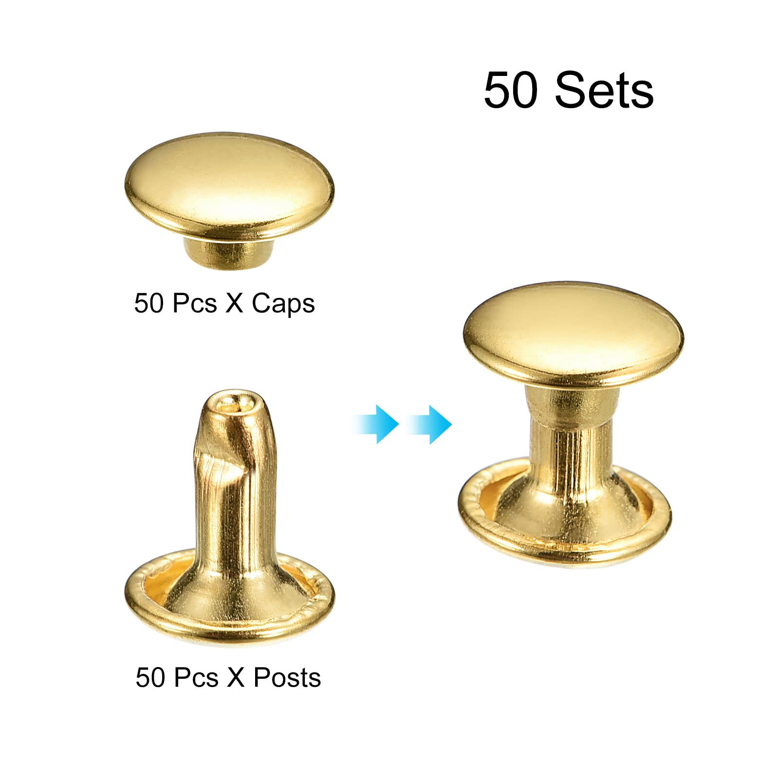 50 Sets 8mm Double Cap Leather Rivets - Gold Tone Metal Studs for DIY Leather Craft, Repairing Purses, Belts, Bags & Shoes | Perfect for Handmade Leather Goods, Accessories & Clothing Repairs
