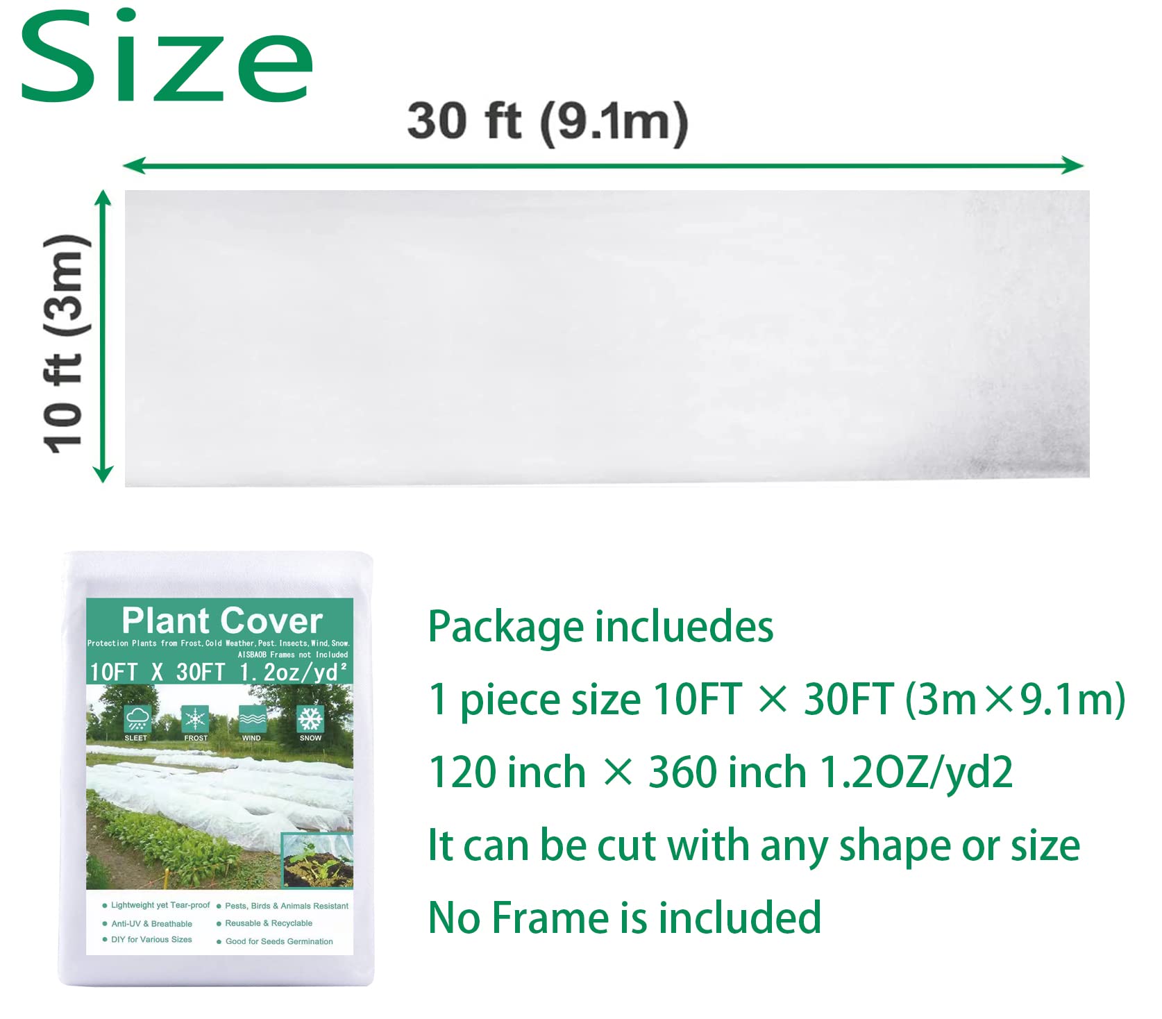 10FT x 30FT Reusable Plant Cover for Cold Weather - Frost Protection Garden Blanket, Floating Row Cover for Winter & Sun Pest Protection | Ideal for Vegetable Gardens, Flower Beds & Outdoor Plants