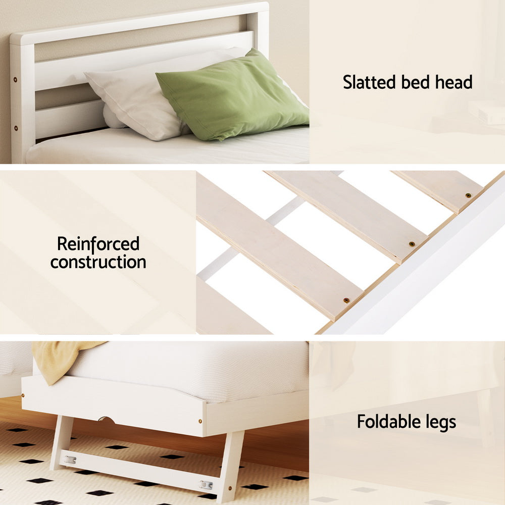 White Avis Wooden Trundle Single Bed Frame - Space-Saving Twin Size Guest Bed with Storage Drawer, Perfect for Kids Room, Guest Bedroom & Small Apartments