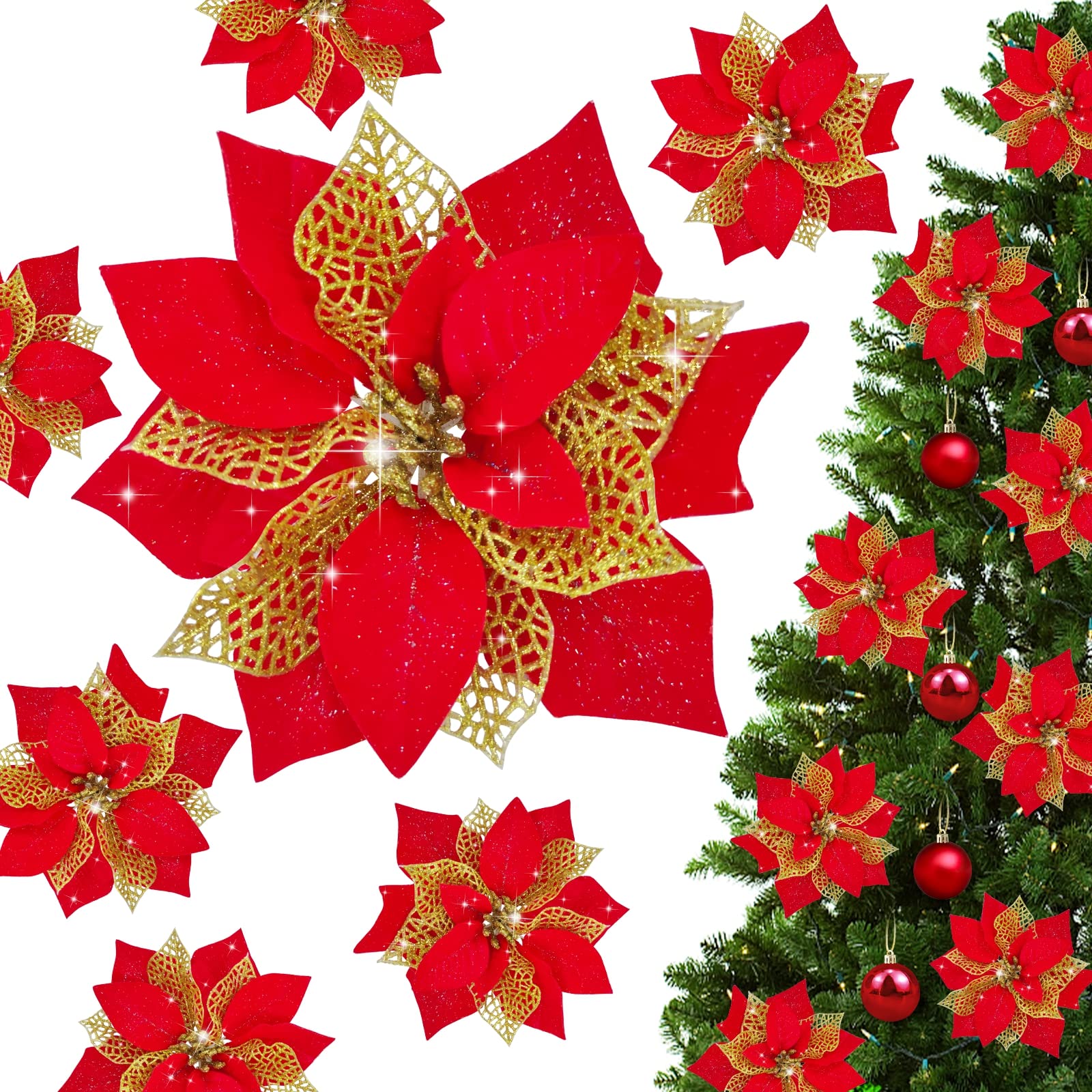 12 Pack 8.7 Inch Large Christmas Glitter Red Poinsettia Artificial Silk Flowers - Festive Tree Picks & Holiday Decor for Christmas Trees, Wreaths, Garlands, Centerpieces and Mantel Decorations (Red)
