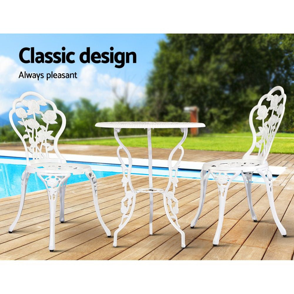3-Piece Outdoor Bistro Set with Chairs and Table - Durable Cast Aluminum Patio Furniture in Rose White - Perfect for Garden, Balcony, and Backyard Relaxation