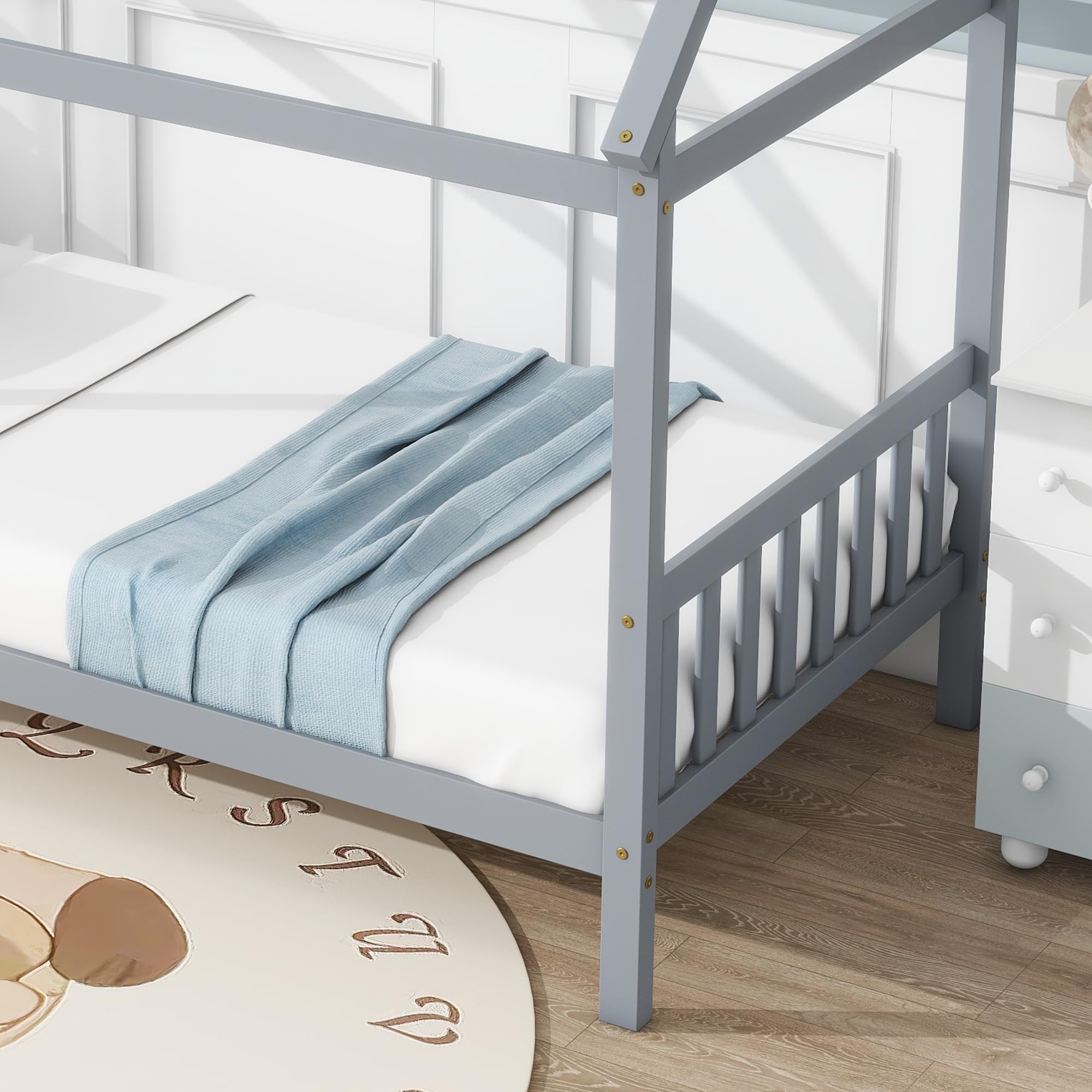 Montessori Twin Size Wooden House Bed Frame with Slats for Kids - Grey Floor Bed for Boys & Girls - Perfect for Bedrooms, Playrooms & Montessori Learning Spaces