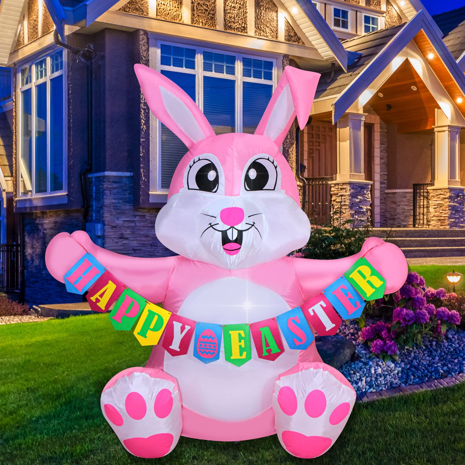5FT Lighted Inflatable Pink Easter Bunny with Happy Easter Banner - Outdoor Yard Decoration with Built-in Blower & Anchor Ropes - Perfect for Easter Party, Garden Decor, Spring Festival, and Holiday Celebrations (04-Pink Bunny)