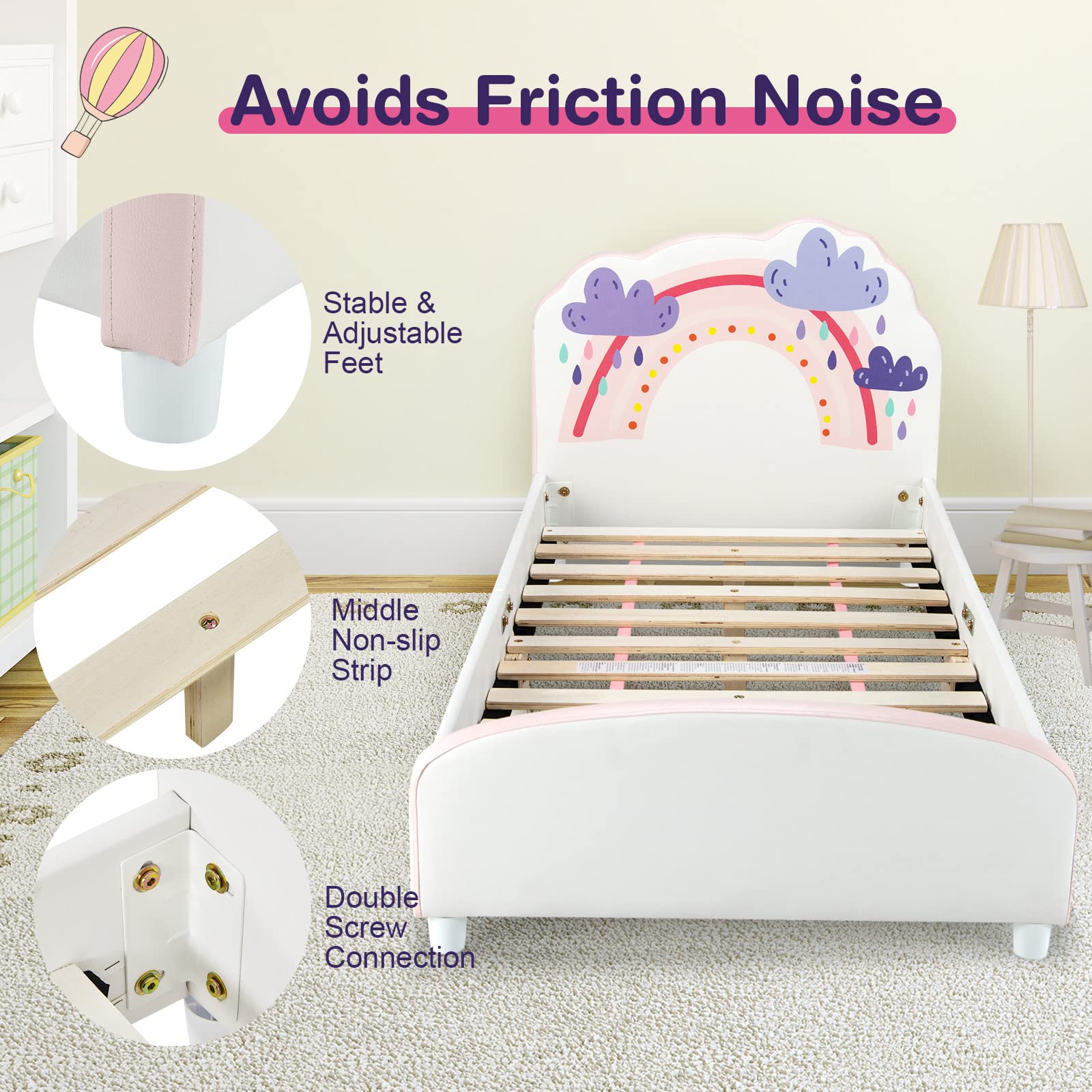 **HONEY JOY Twin Bed Frame for Kids - Sturdy Wooden Platform Bed with Headboard & Slat Support, No Box Spring Needed - Perfect for Boys & Girls Bedrooms - Fits Standard Twin Mattress (Rainbow Design) - Ideal for Toddler Rooms, Sleepovers & Cozy Bedtime Stories**