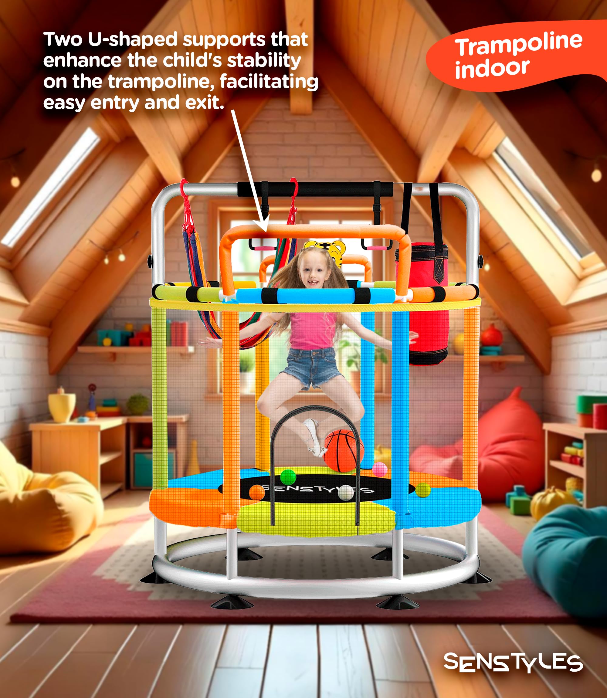 Kids Trampoline with Anti-Rollover Round Base & Double Safety Handles - Indoor/Outdoor Toddler Jumping Toy for Backyard, Playroom & Birthday Gifts