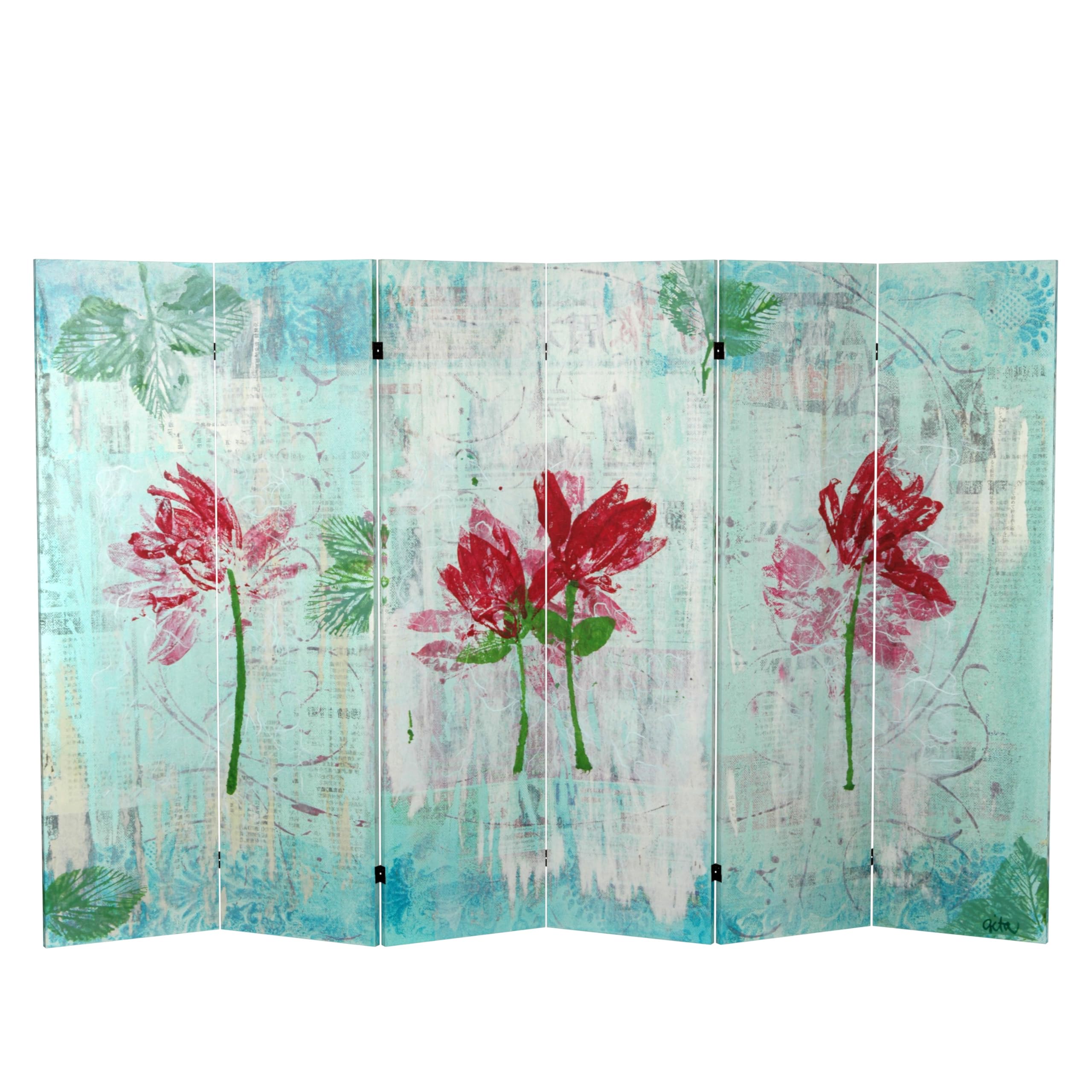 5 1/4 ft Red Lantern Spring Morning Canvas Room Divider - 6 Panel Folding Privacy Screen (63