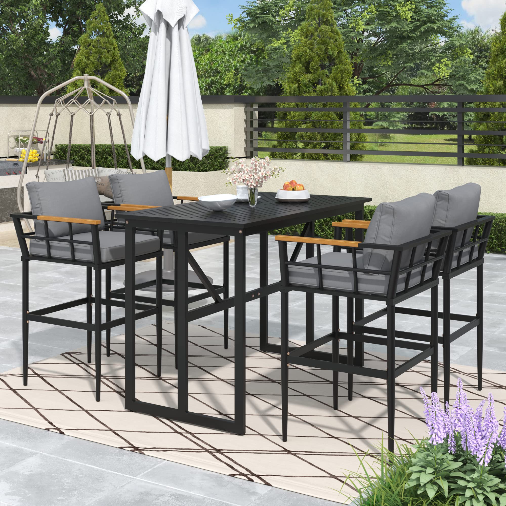Quarte 5-Piece Steel Outdoor Dining Table Set with Acacia Wood Armrest - Patio Furniture for Porch, Lawn, Garden, Backyard & Poolside | Perfect for Outdoor Entertaining, Family Gatherings & Summer BBQs