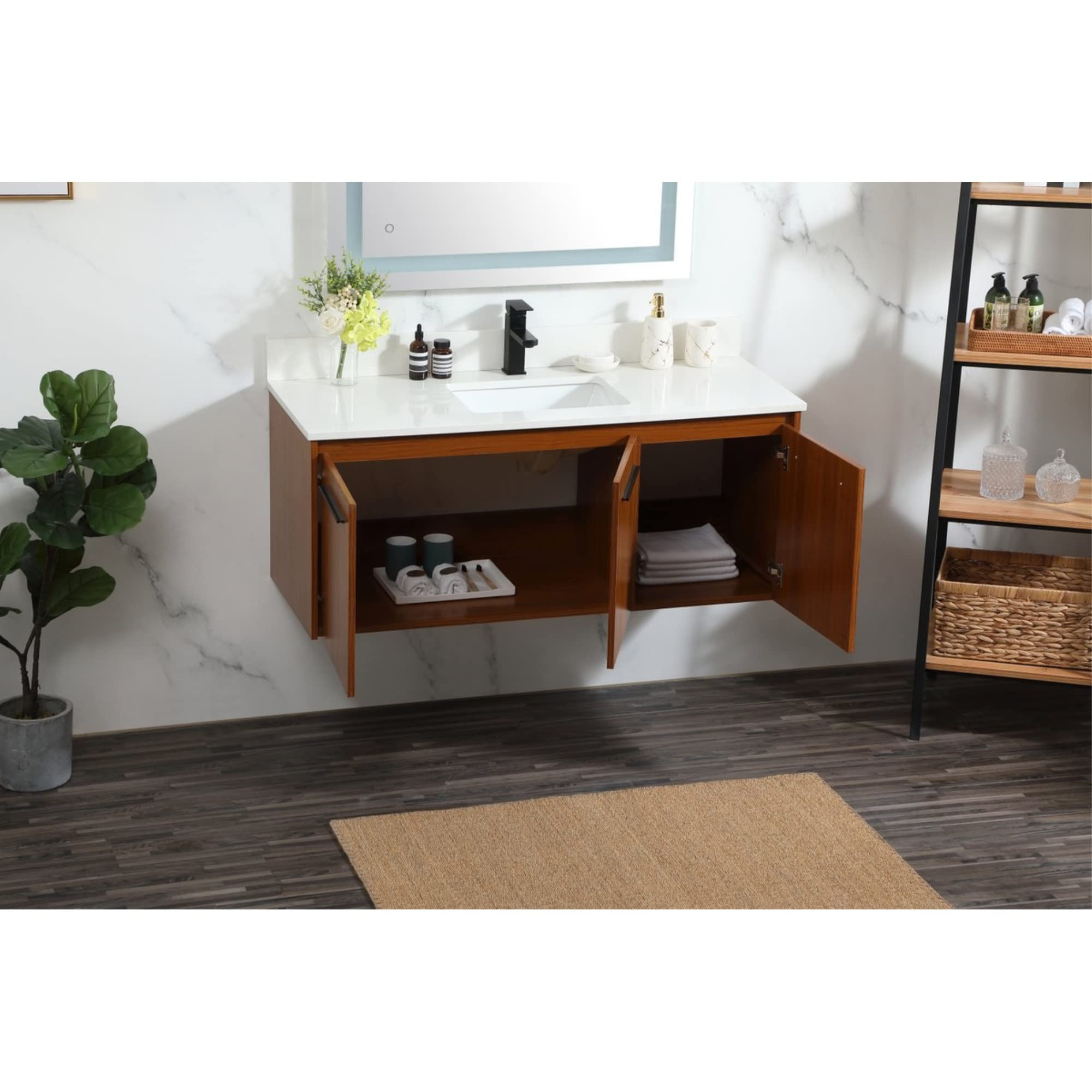 48 Inch Teak Single Bathroom Vanity with Backsplash - Modern Waterproof Bathroom Cabinet for Small Space, Perfect for Apartments and Condos