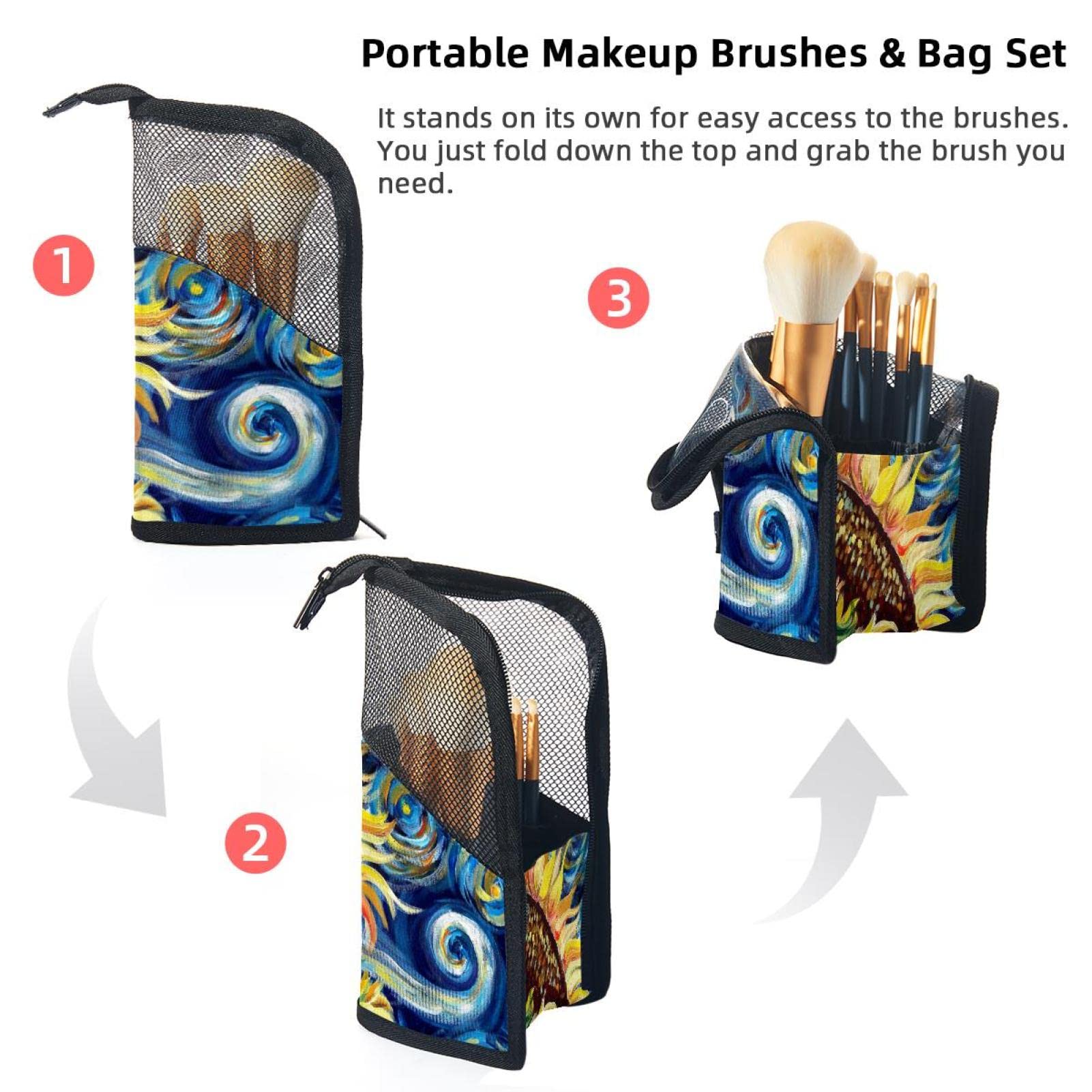 12-Piece Makeup Brush Organizer Bag with Oil Painting Sunflowers Design - Portable Cosmetic Brush Holder Case for Travel, Home & Professional Makeup Artists