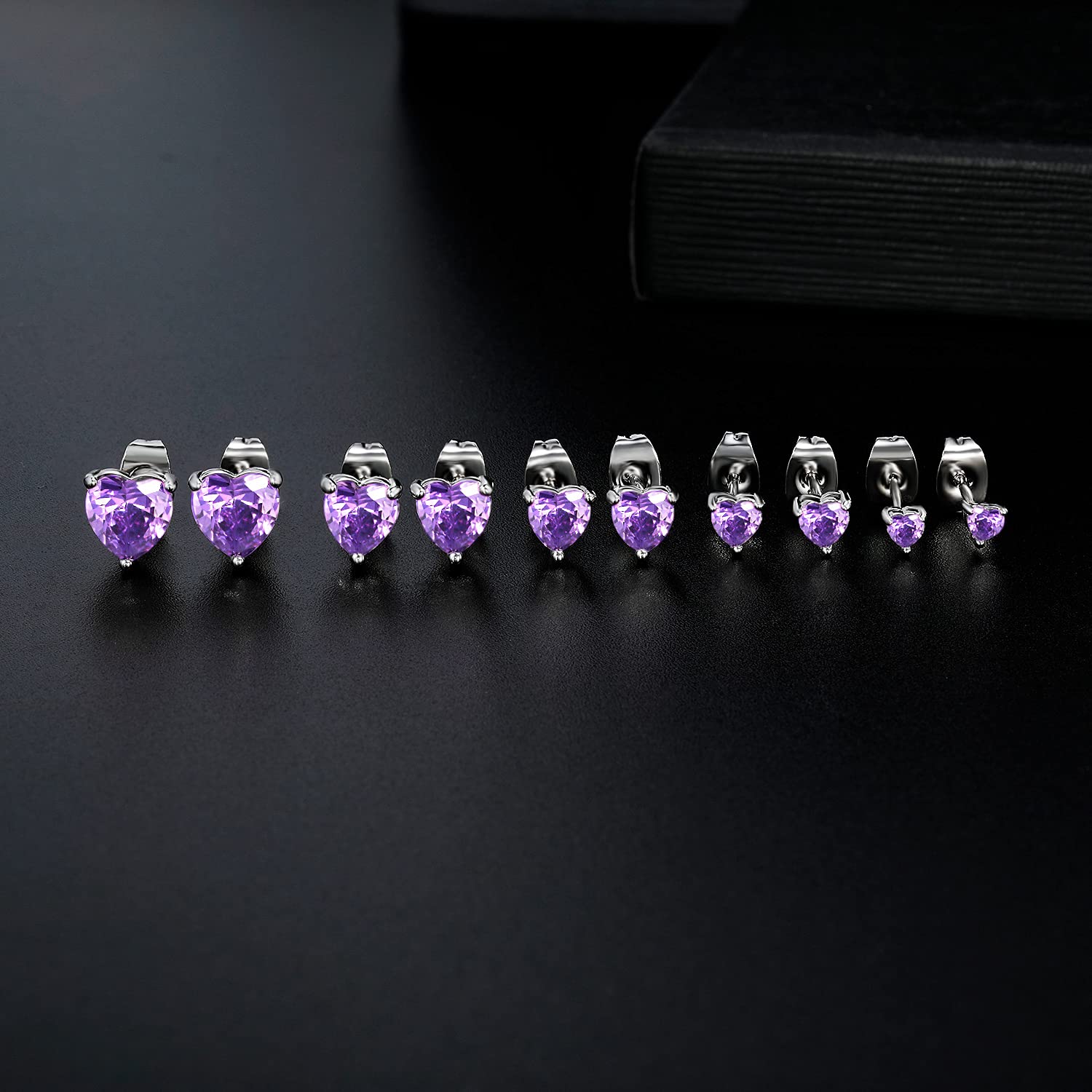 18K White Gold Plated Heart Shape Cubic Zirconia Stud Earrings - 5 Pairs Pack, Birthstone Collection | Perfect Gift for Valentine's Day, Anniversary & Special Occasions