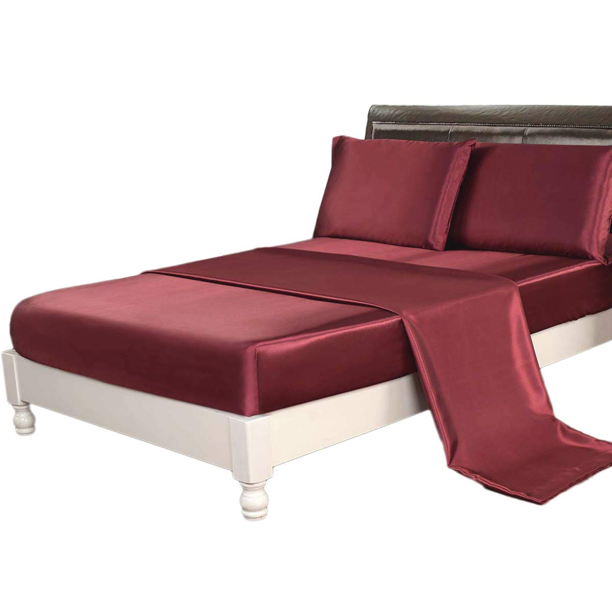 Luxurious Silk-Like Satin 5-Piece Comforter Set - Ultra Soft & Durable (Comforter, Flat Sheet, Fitted Sheet, 2 Pillow Cases) - Burgundy California King Size Bedding for Master Bedroom & Guest Room Elegance