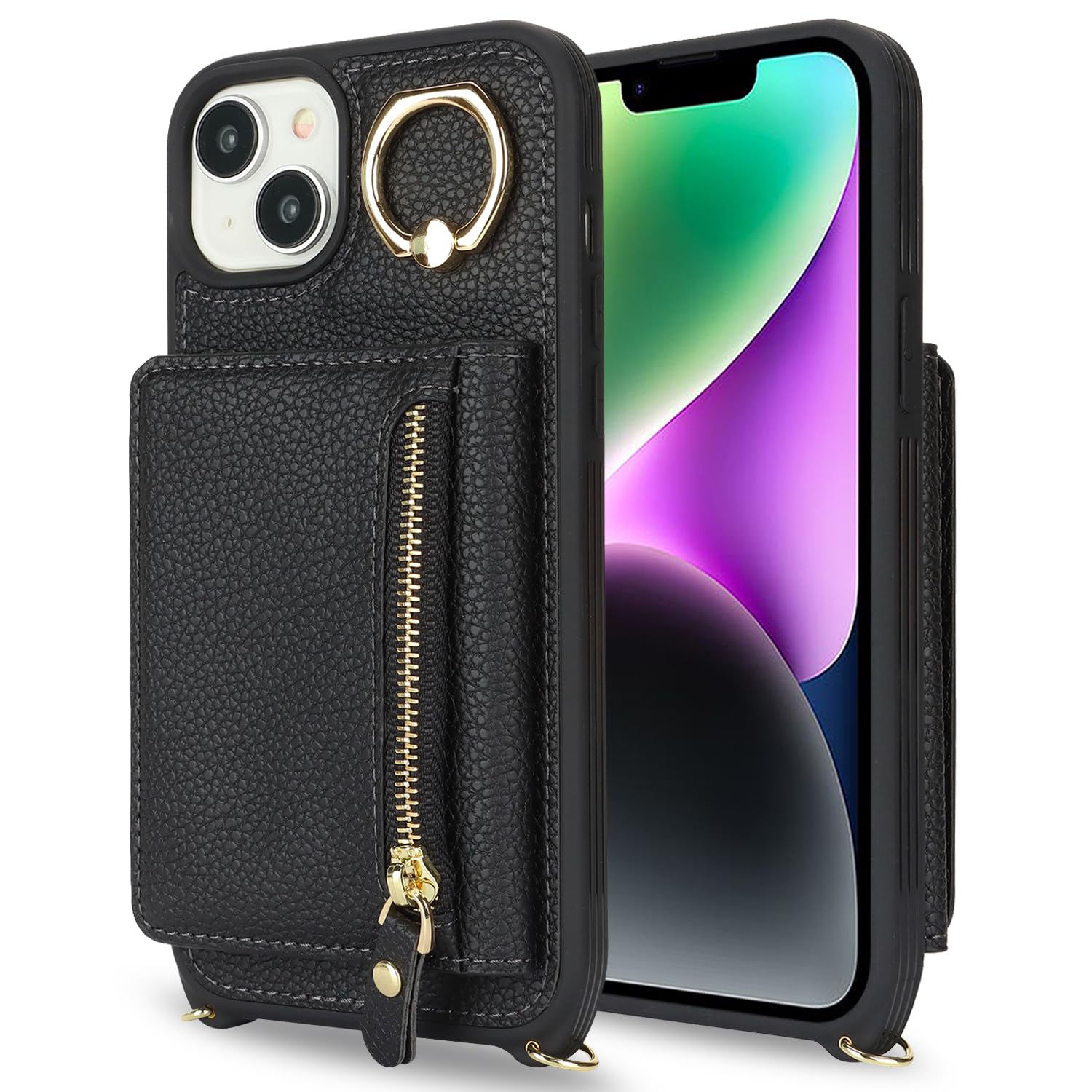 Premium Leather iPhone 13 Mini Case with Card Holder & Crossbody Strap - Wallet Phone Case with Zipper Pocket & Stand Ring for Women (Black) - Perfect for Travel, Shopping & Everyday Use