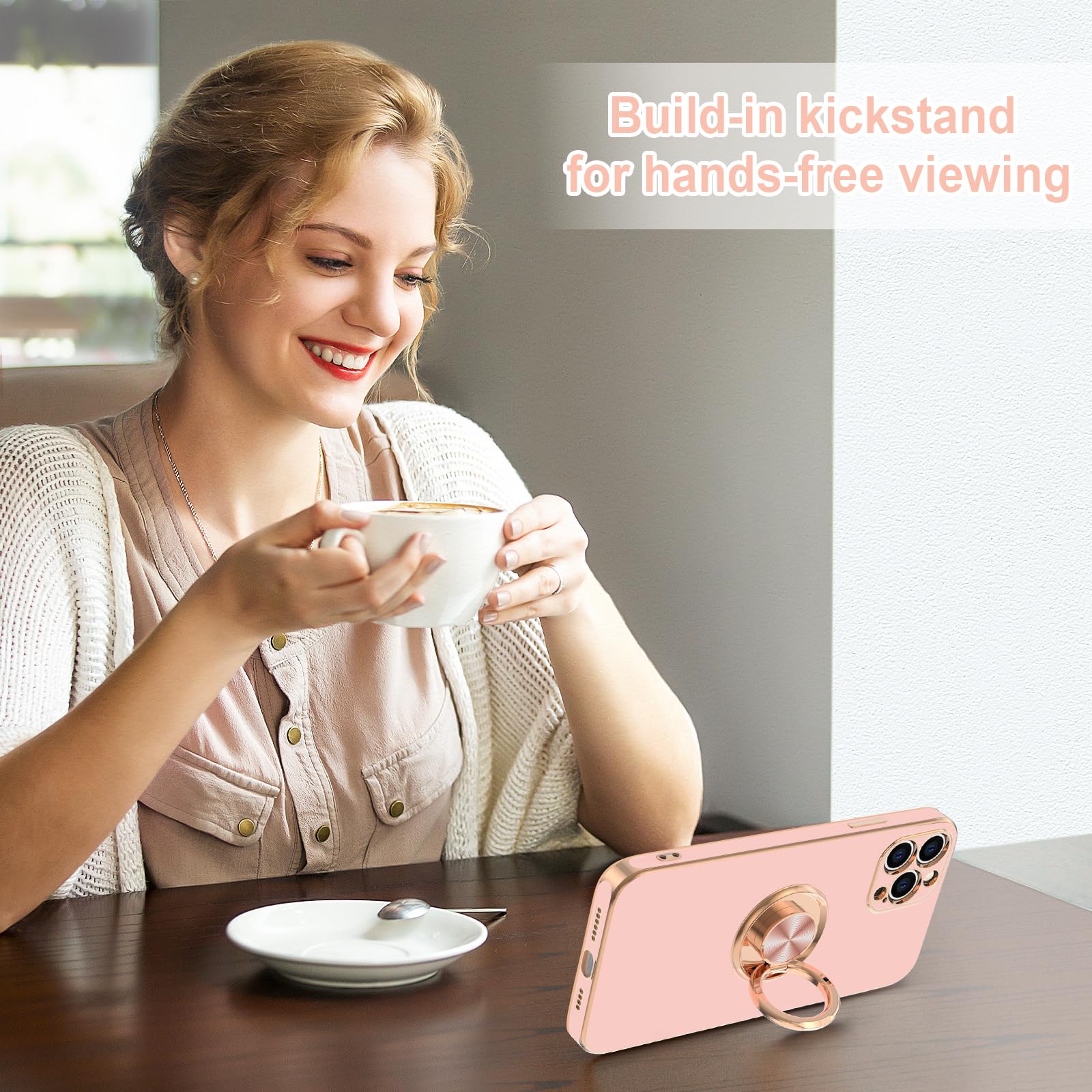 Hython Magnetic Ring Stand Case for iPhone 12 Pro - 360° Rotatable Kickstand, Rose Gold Plating, Shockproof TPU Bumper with Camera Protection - Perfect for Hands-Free Viewing, Video Calls & Daily Use (Pink)