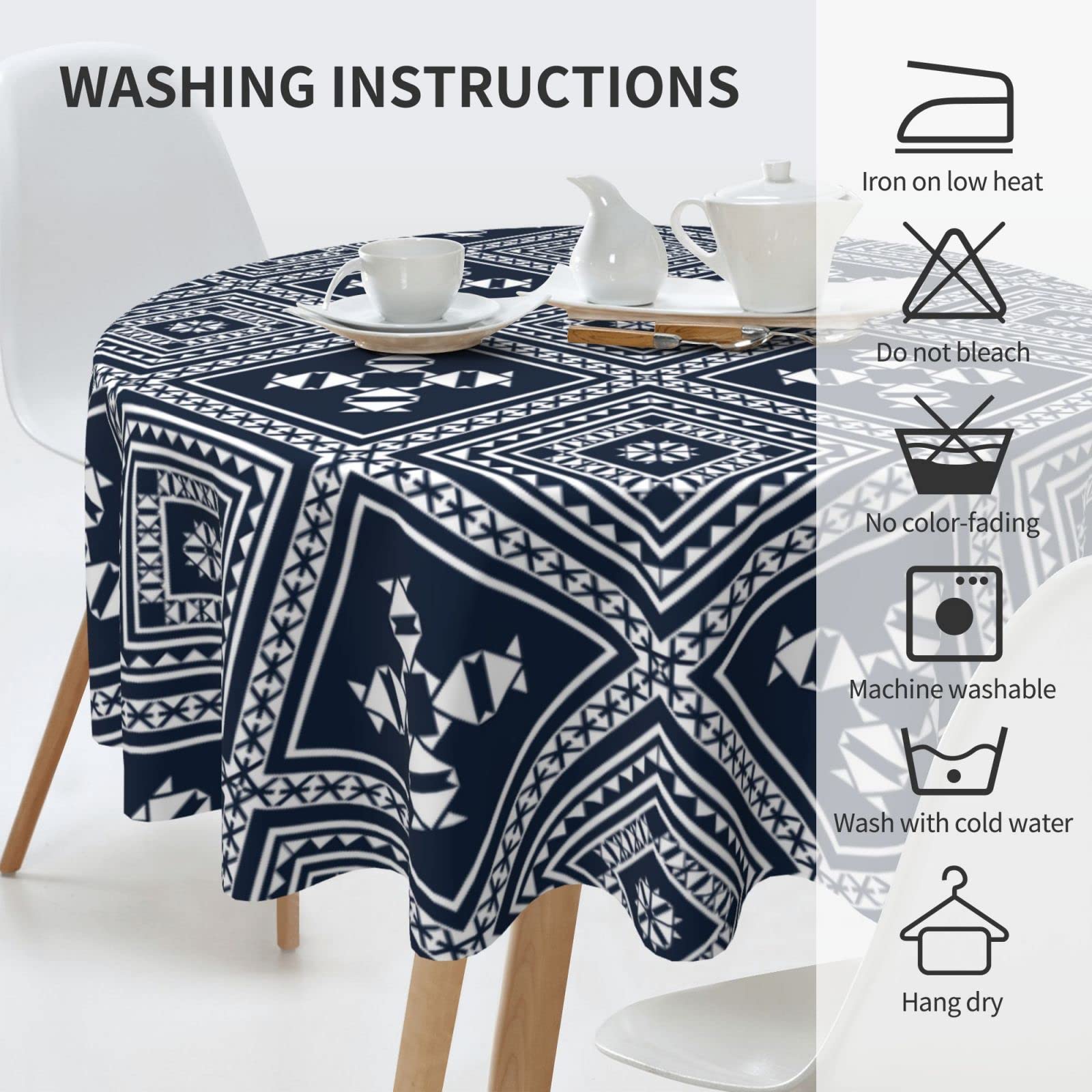 60 Inch Navy Native American Round Tablecloth - Spill Proof & Washable - Perfect for Dinner Parties, Picnics, Camping & Themed Decorations - Native American Inspired Tabletop Decor for Home & Outdoor Events