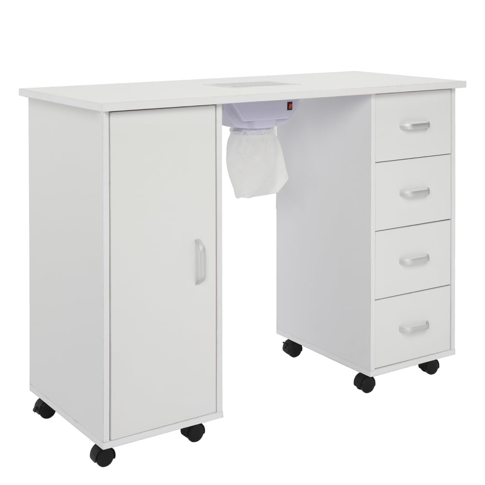 Professional Nail Tech Desk with Dust Collector & Electric Downdraft Vent - White Manicure Table for Salon & Spa - Mobile Beauty Workstation with Single Door Cabinet & 4 Removable Drawers - Perfect for Nail Artists, Salon Professionals & Home Manicure Stations