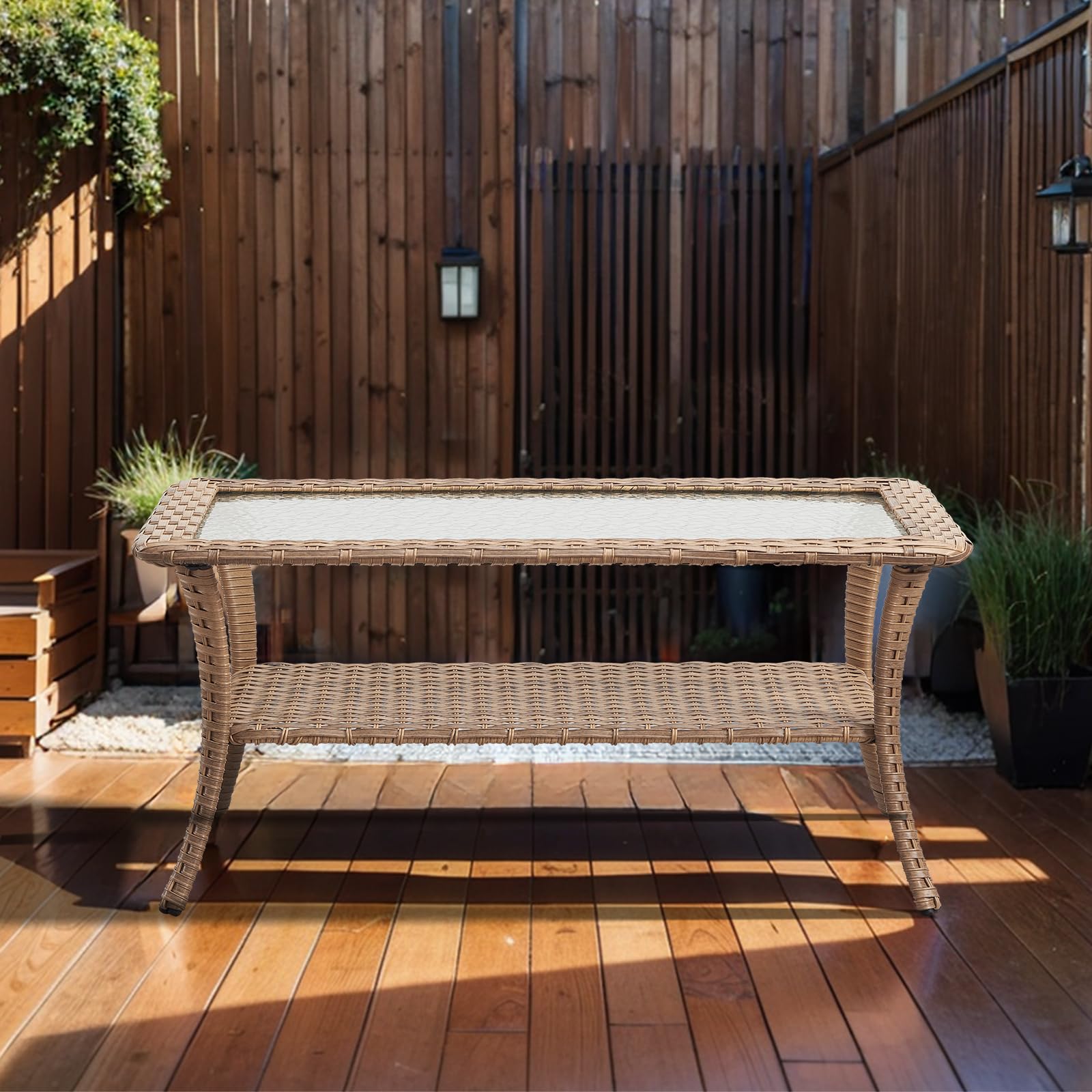 Outdoor Coffee Table - Rattan Wicker Patio Table with Tempered Glass Top & 2-Tier Storage for Deck, Porch, Balcony, Garden - Yellow | Perfect for Outdoor Lounging, Entertaining & Small Space Storage