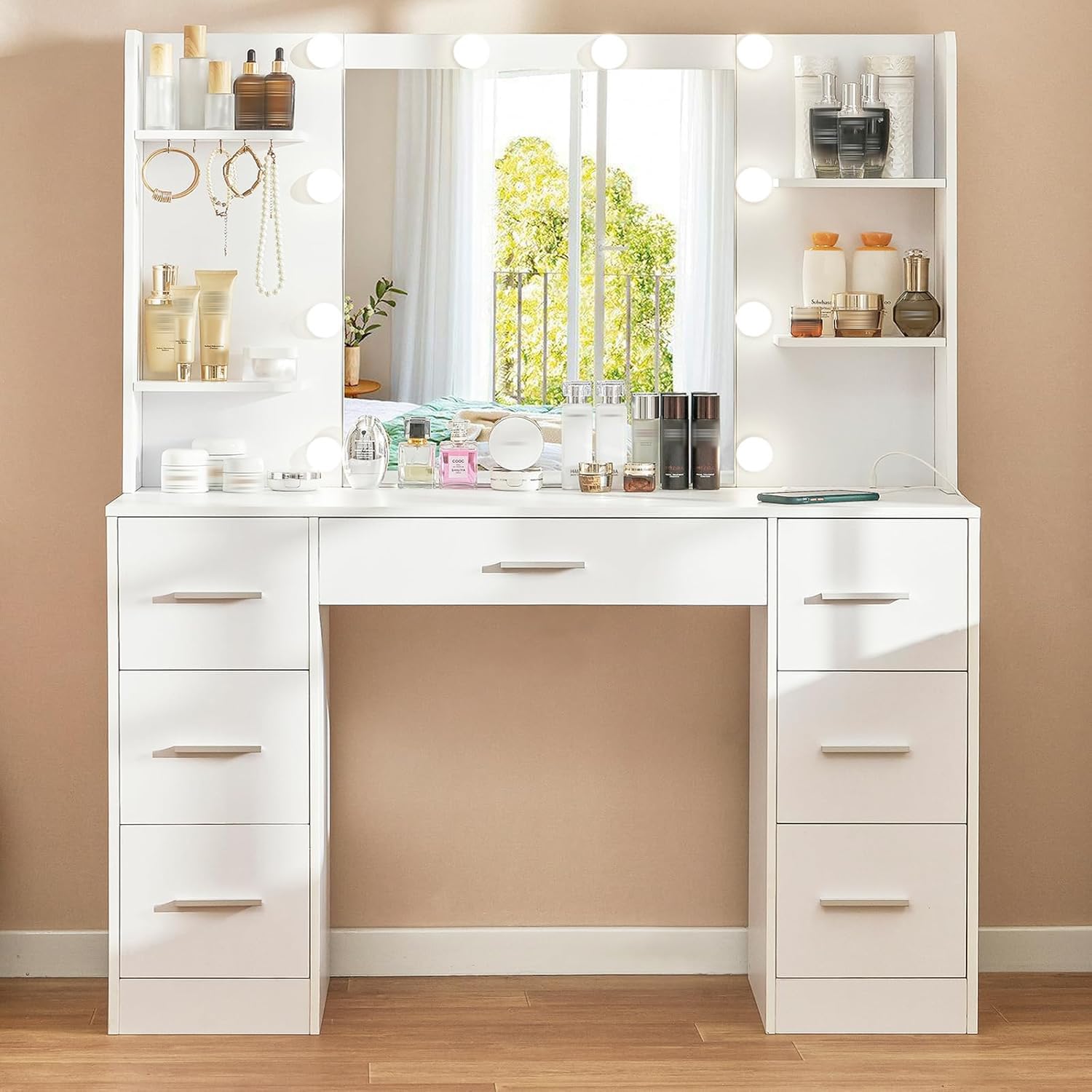 Quimoo White Large Vanity Desk with LED Lighted Mirror & Power Outlet - Makeup Vanity Table with 7 Drawers, 4 Shelves & 5 Hooks - Perfect for Bedroom & Bathroom Organization - Ideal for Makeup, Skincare & Jewelry Storage