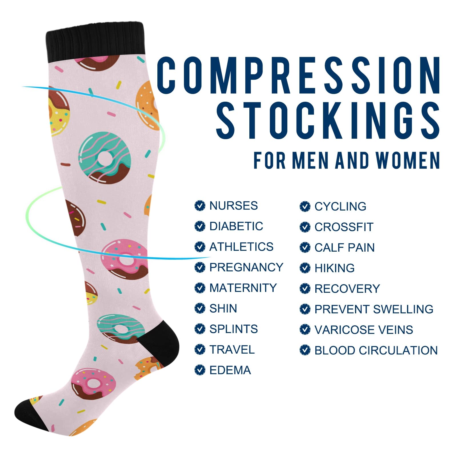 JUNZAN Sweet Doughnuts Compression Socks for Women & Men - Breathable Circulation Support Socks for Running, Cycling, Nursing & Athletic Performance - Perfect for Sports, Work & Daily Comfort