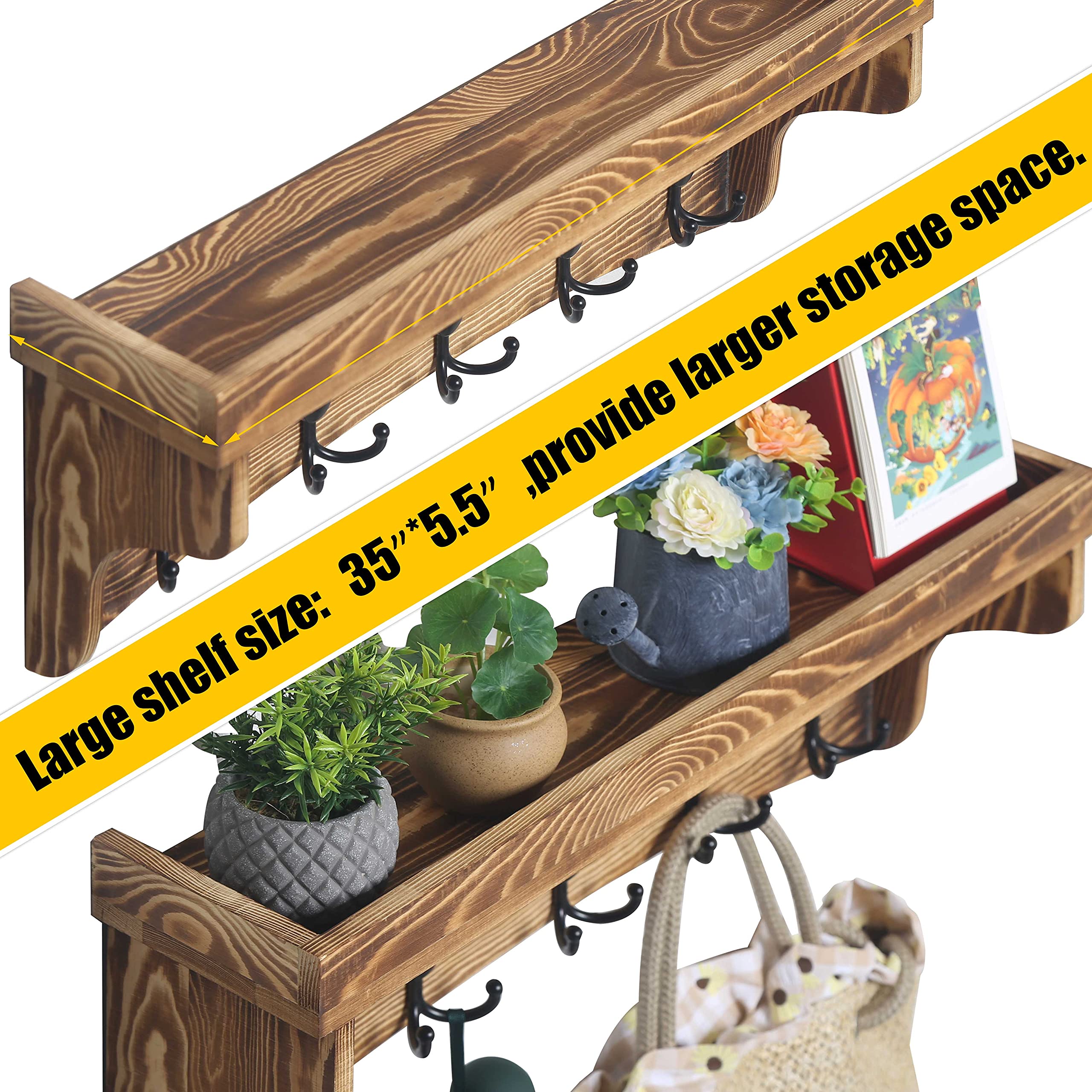 WEBI 24’’ Wall Shelf with 5 Triple Hooks - Rustic Brown Coat Rack & Key Holder - Bathroom & Entryway Storage Solution - Space Saving Wall Mounted Shelf for Hats, Bags & Home Organization