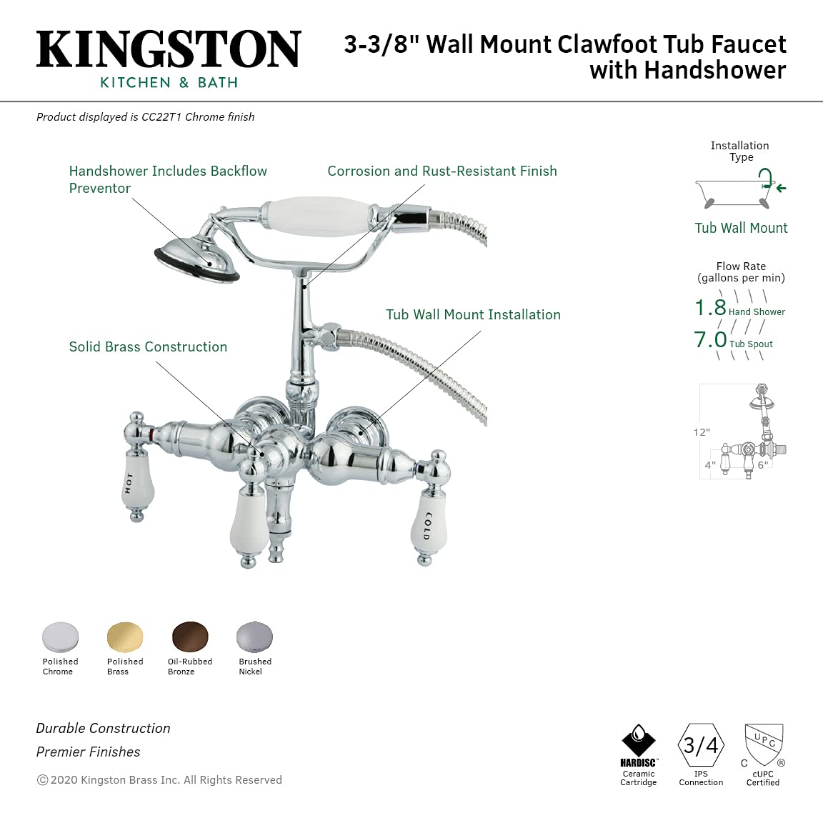 Kingston Brass CC21T8 Vintage Leg Tub Filler with Hand Shower in Brushed Nickel - Perfect for Classic Bathroom Renovations & Spa-Like Showers