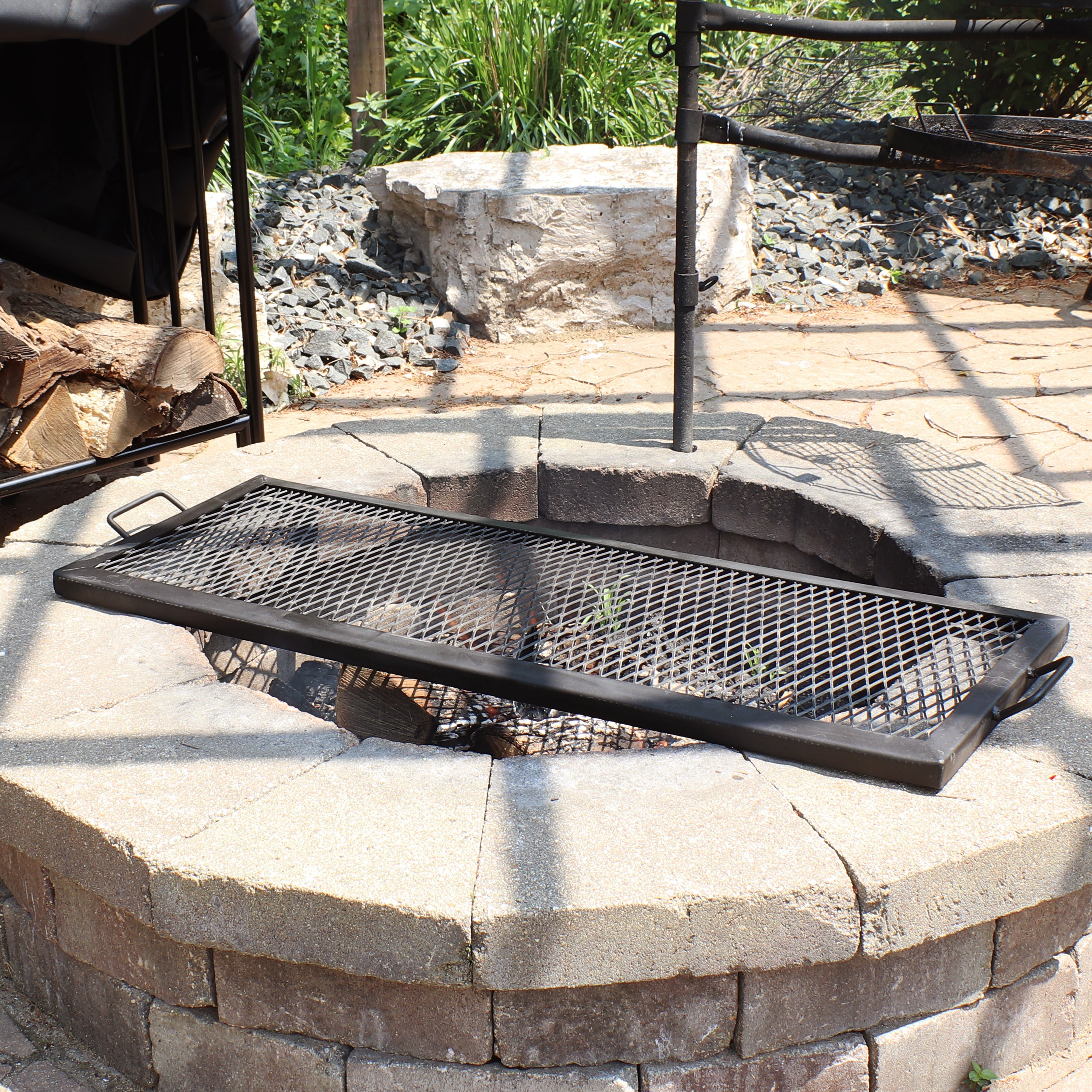 Sunnydaze X Marks 40-Inch Rectangle Fire Pit with Cooking Grill - Outdoor Camping, Backyard BBQ, and Patio Fireplace Accessory