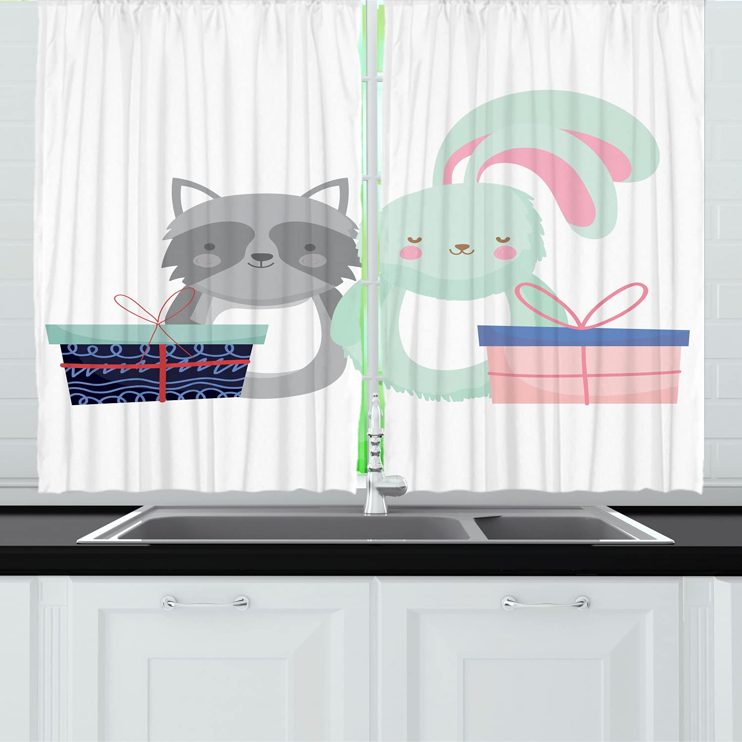 Ambesonne Animal Print Kitchen Curtains - Christmas Raccoon & Rabbit Gift Box Design, 2 Panel Rod Pocket Drapes, 55 x 45 Inches, White Grey Blue - Perfect for Holiday Decor & Cozy Farmhouse Kitchens
