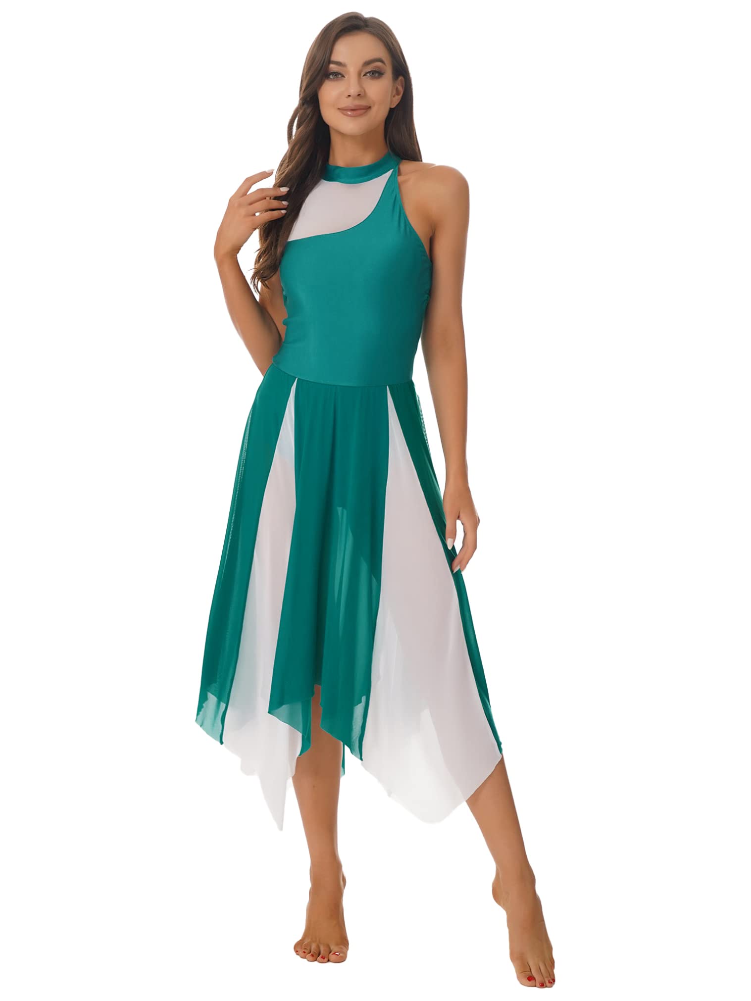 JEATHA Women's Lyrical Dance Dress - Mesh Sleeveless Halter Neck with Cut Out Back - Modern Performance Costume for Contemporary, Ballet & Stage Shows
