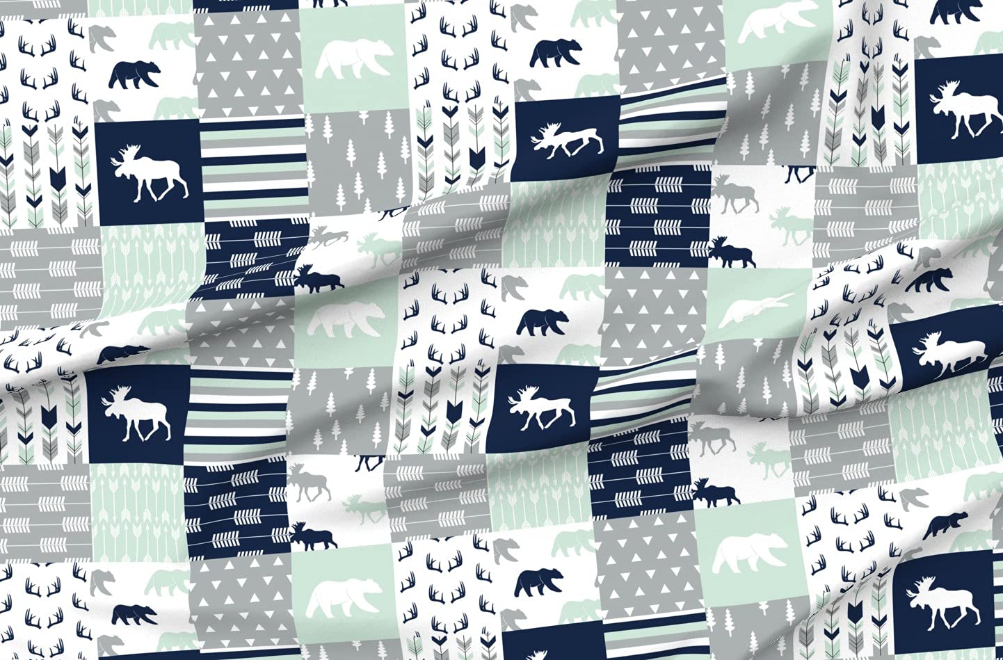 Northern Lights Patchwork Printed Fleece Fabric by The Yard - Cheater Quilt Top with Bear & Moose Design in Navy Blue | Perfect for DIY Sewing Blankets, Loungewear, No-Sew Projects & Home Decor