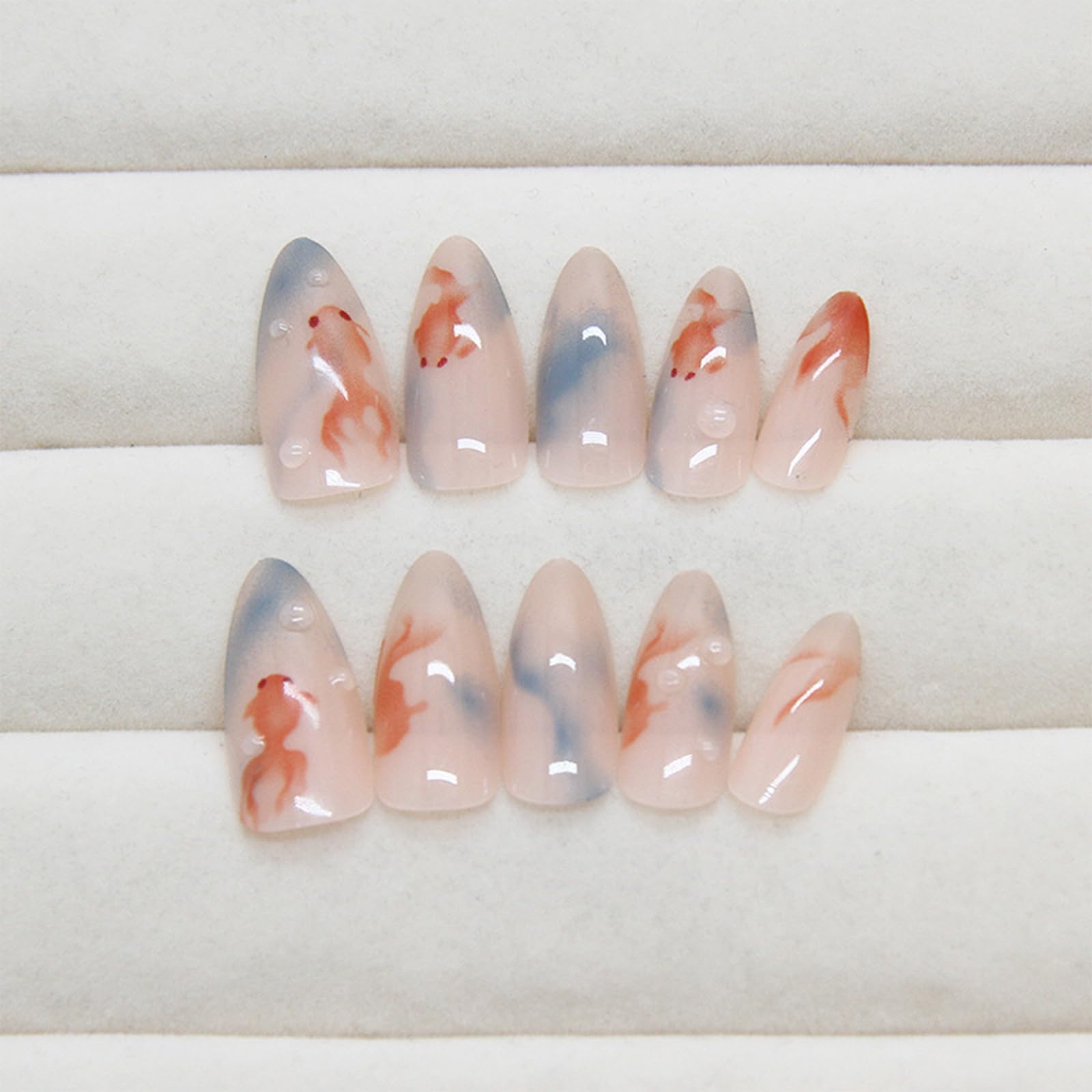 3D Water Drop Goldfish Press-On Nails - Short Almond Fake Nails with Blue Gradient Design, Glossy Full Cover Acrylic Stick On Nails for Women (24Pcs) | Perfect for Summer Manicures, Beach Vacations & Nail Art Decor
