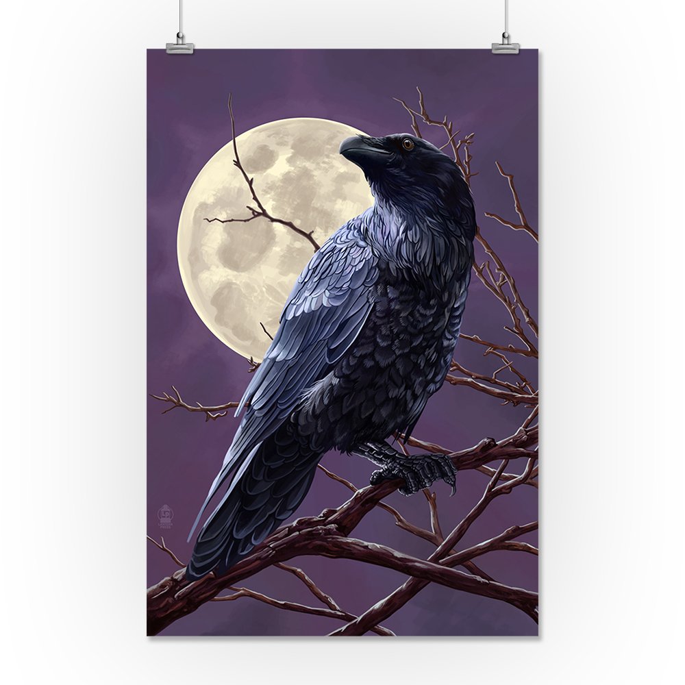 Lantern Press 16x24 Inch Giclee Art Print - Raven and Moon Night Scene Wall Decor for Living Room, Bedroom & Office