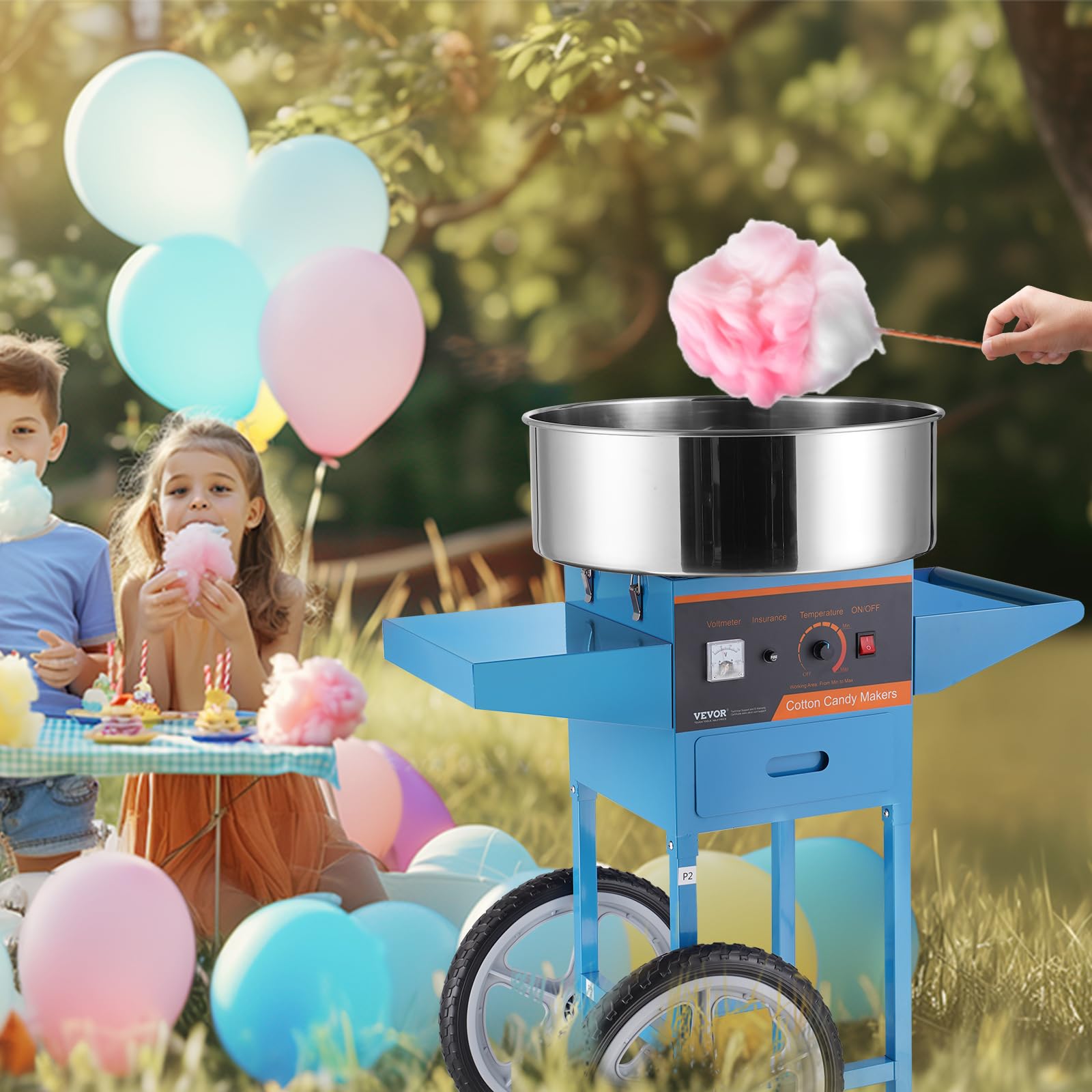 VEVOR 1000W Commercial Electric Cotton Candy Machine with Cart - Stainless Steel Bowl, Sugar Scoop & Drawer - Perfect for Home, Birthday Parties, Carnivals & Events (Blue) - Make Delicious Fluffy Candy Floss for Kids & Adults