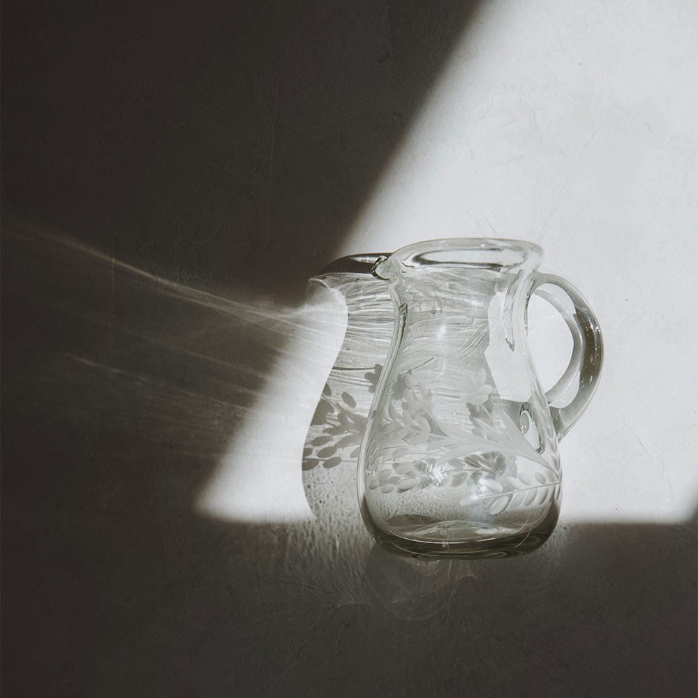 Handcrafted Etched Glass Pitcher for Water & Juice - Elegant Small Glass Pitcher for Home, Dining, and Entertaining - Perfect for Iced Tea, Lemonade & Cocktails