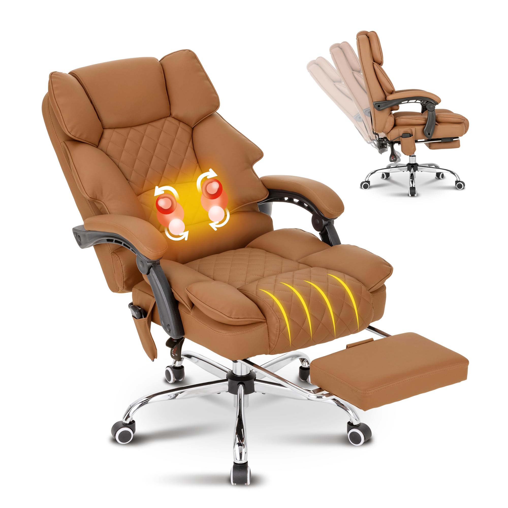 Premium Heated Kneading Massage Executive Office Chair - 90-135° Reclining with Footrest - Ergonomic Computer Desk Chair with Lumbar Support - Diamond-Stitched Leather Office Chair (Brown) - Perfect for Home Office, Gaming & Relaxation