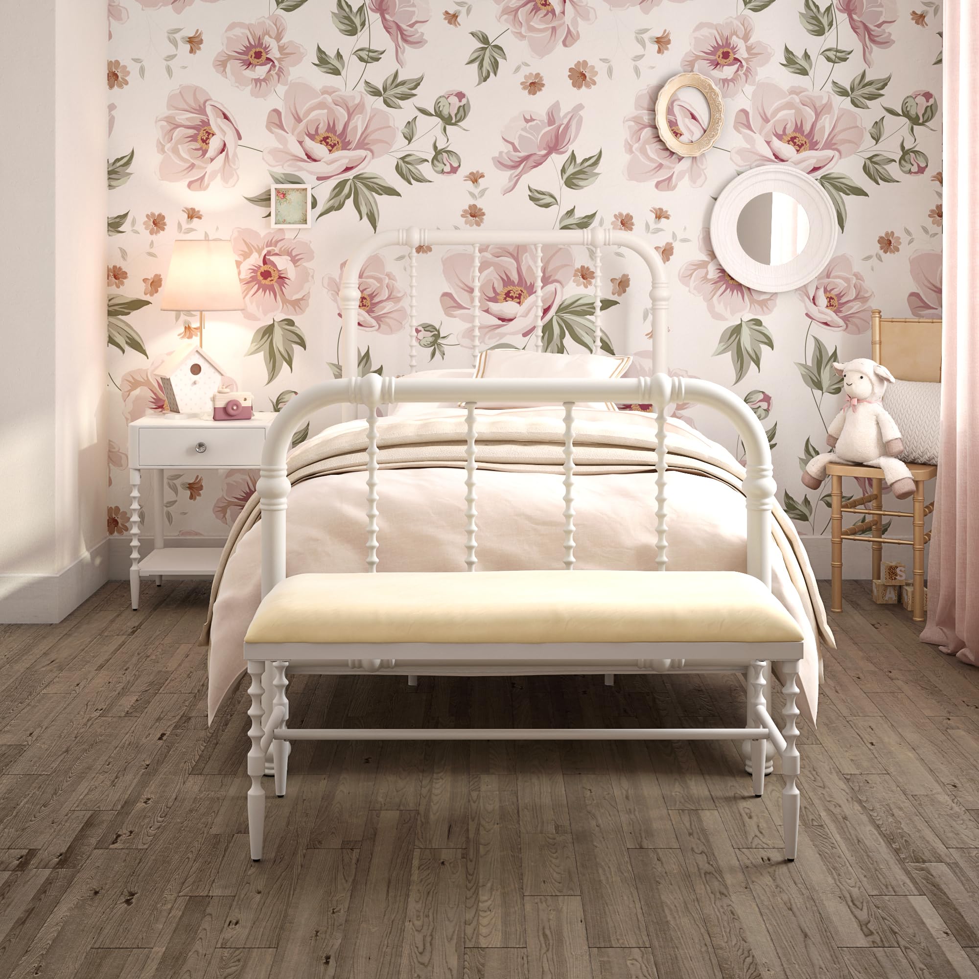 DHP Jenny Lind Twin Size Kids Metal Bed Frame with Country Chic Headboard & Footboard - White | Underbed Storage Space for Toys | Perfect for Children's Bedroom, Nursery or Guest Room