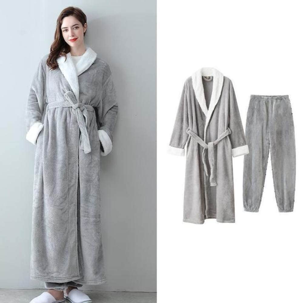 AUBERSIT Women's Winter Flannel Pajama Set - Soft Coral Fleece 2-Piece Loungewear with Loose Robe & Pants (Gray) | Cozy Home Wear for Sleeping, Relaxing & Cold Weather Comfort
