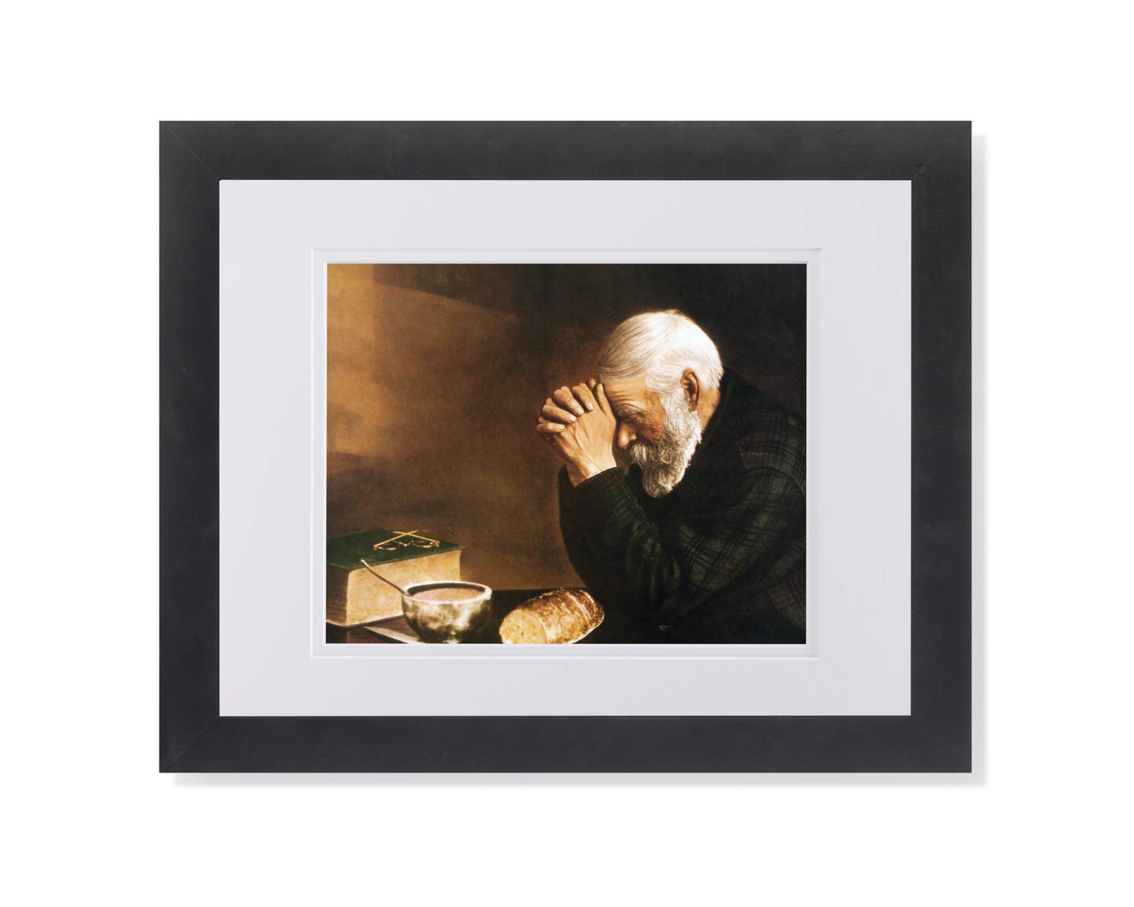 Daily Bread Man Praying at Table Grace Religious Wall Art - Matted & Framed Print - Perfect for Home, Church & Office Decor