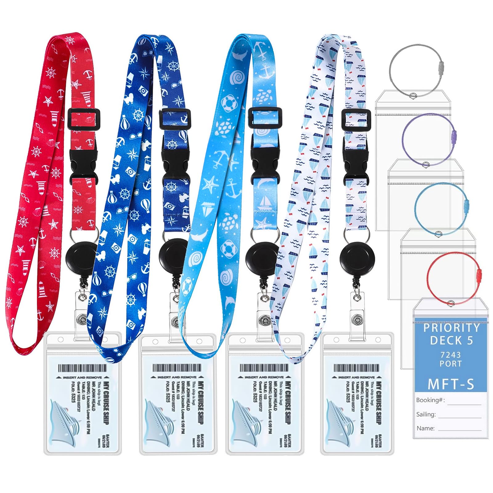 4 Pack Retractable Lanyard for Cruise Ship Cards with Luggage Tags & Waterproof ID Badge Holder - Classic Style for Travel, Events, and Work (Perfect for Cruises, Conferences, and Office Use)