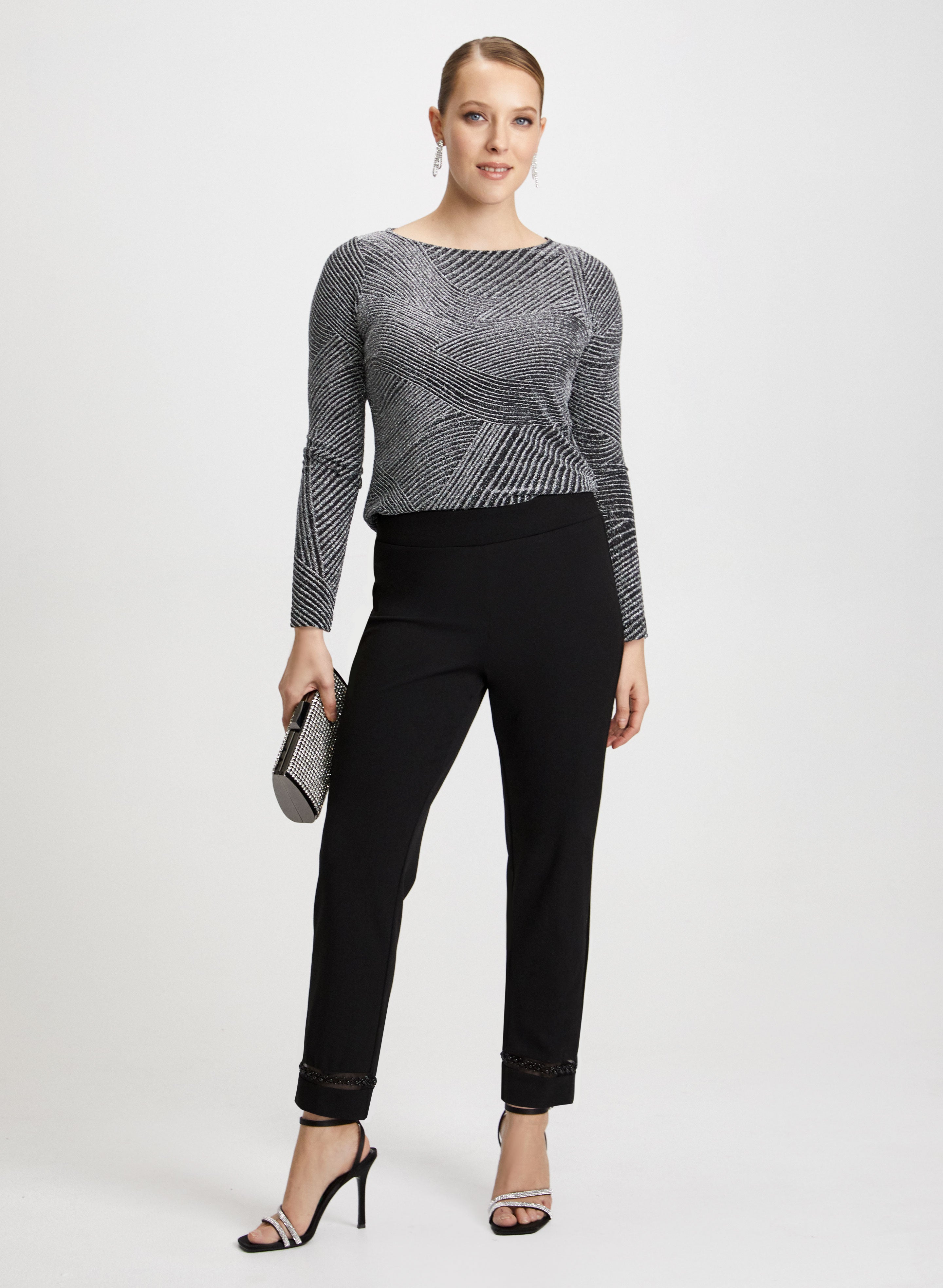 Stylish Curve Print Top & Elegant Pearl Detail Pants Set - Perfect for Casual Outings, Date Nights, and Office Wear