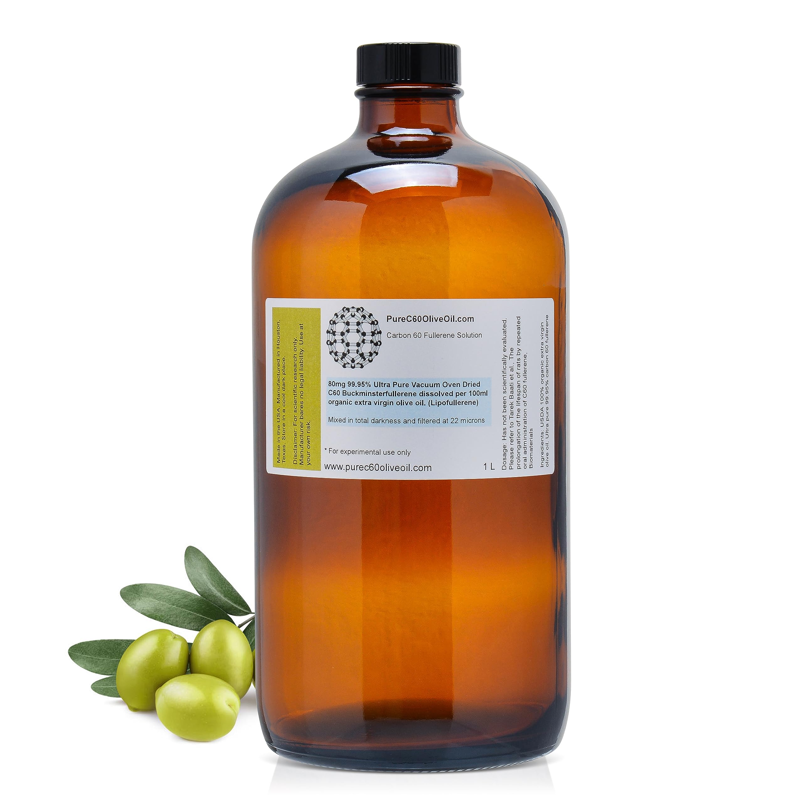 Pure C60 Olive Oil - 99.95% Carbon 60 Solvent Free (800mg) in 1L / 33.8 Fl Oz Amber Glass Bottle - Organic Food Grade Supplement - Antioxidant Support for Skin, Brain & Joint Health - From Leading Global Producer - Perfect for Daily Wellness Routine & Anti-Aging Regimen