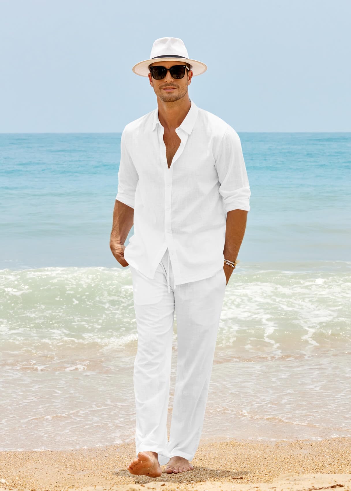 Ryannology Men's 2-Piece Linen Outfit Set - Breathable Drawstring Pants & Button-Down Long Sleeve Shirt for Casual, Beach & Wedding Occasions | Summer Comfort Fashion Set for Outdoor Events & Vacation Wear