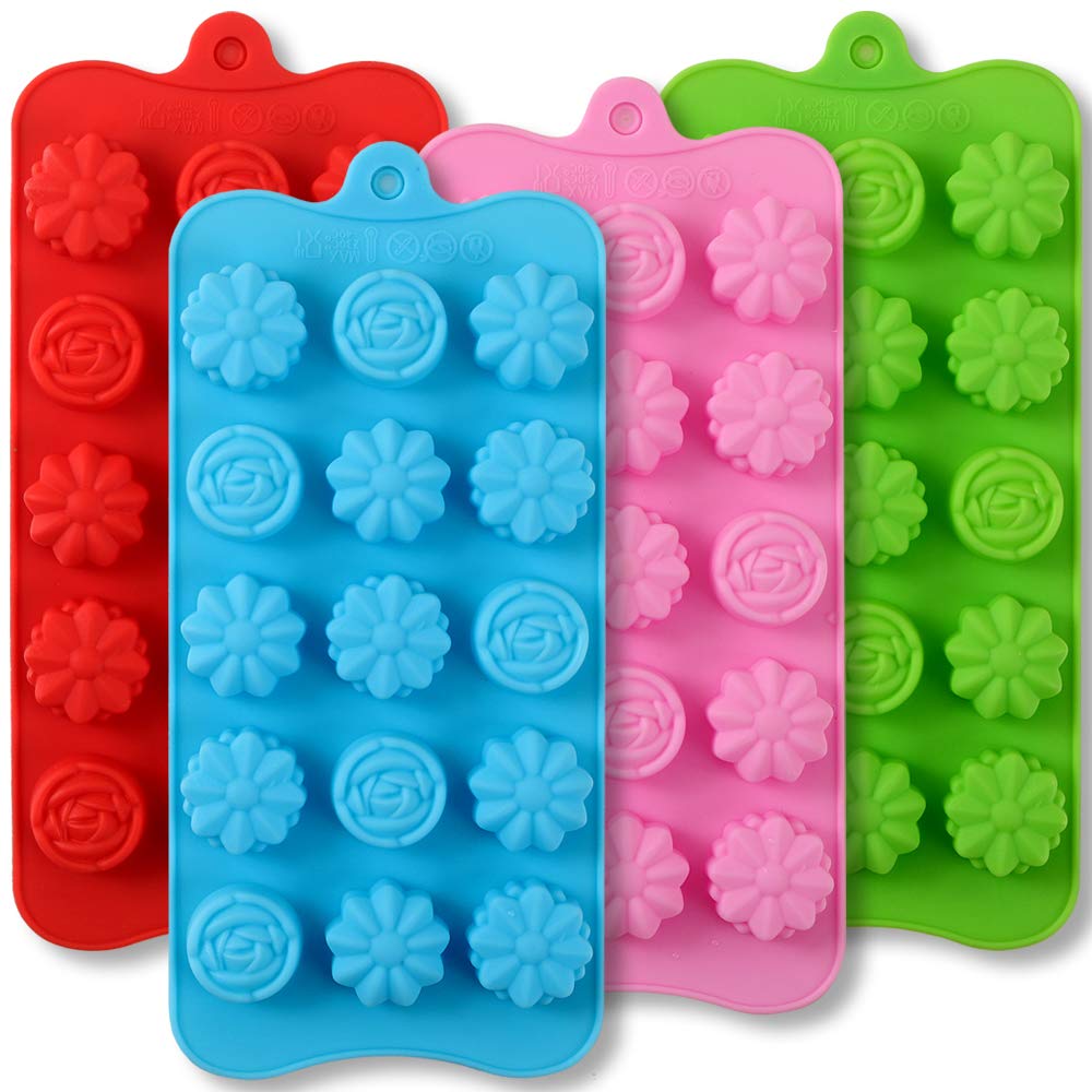Premium 4-Pack Flower Shaped Silicone Molds - 15 Cavity Non-Stick Food Grade Baking Molds for Chocolate, Candy, Ice Cubes, Jelly, Soap & Bath Bombs - Perfect for DIY Crafts, Home Baking & Party Decorations