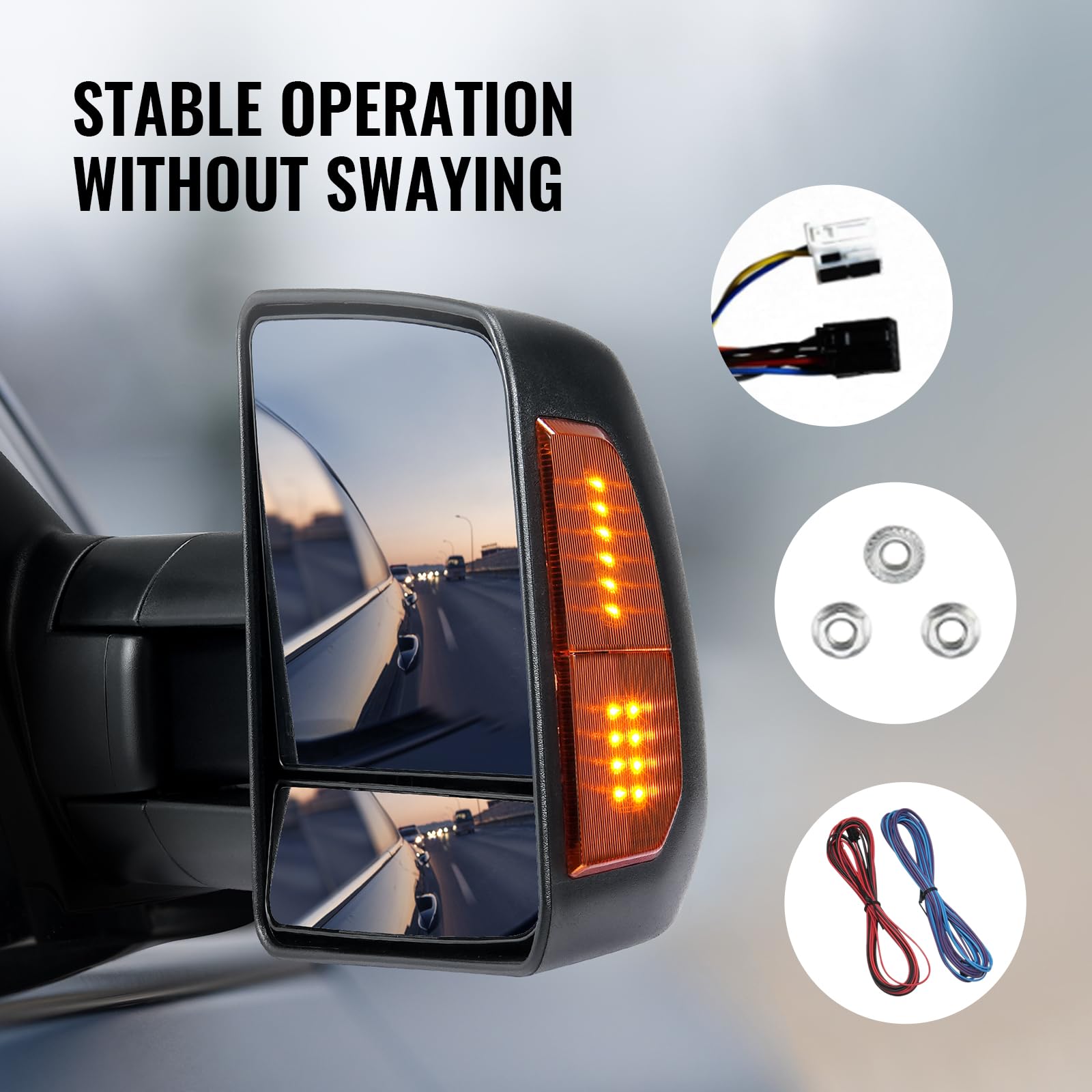 VEVOR Power Heated Towing Mirrors for 2007-2016 Toyota Tundra - LED Turn Signal Lights, Adjustable Plane & Convex Glass, Manual Telescoping Folding - Perfect for Towing Trailers, Boats & RVs (Black)