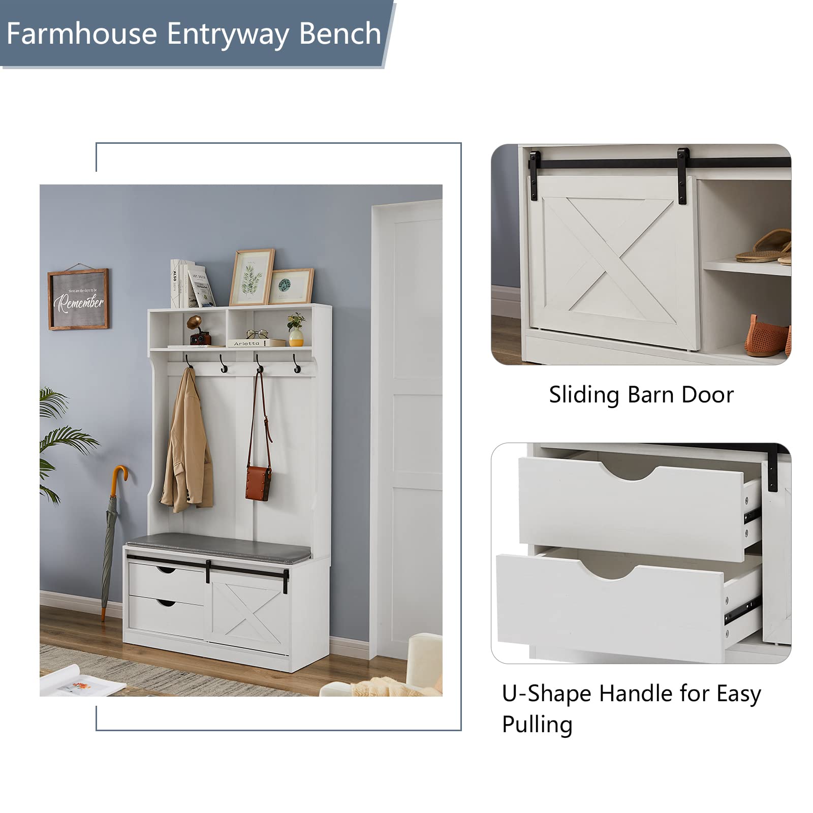 Farmhouse Entryway Hall Tree with Padded Storage Bench, Coat Rack & Sliding Barn Door Shoe Cabinet - 2 Drawers Mudroom Organizer in Distressed White | Perfect for Small Spaces, Entryway Storage & Shoe Organization