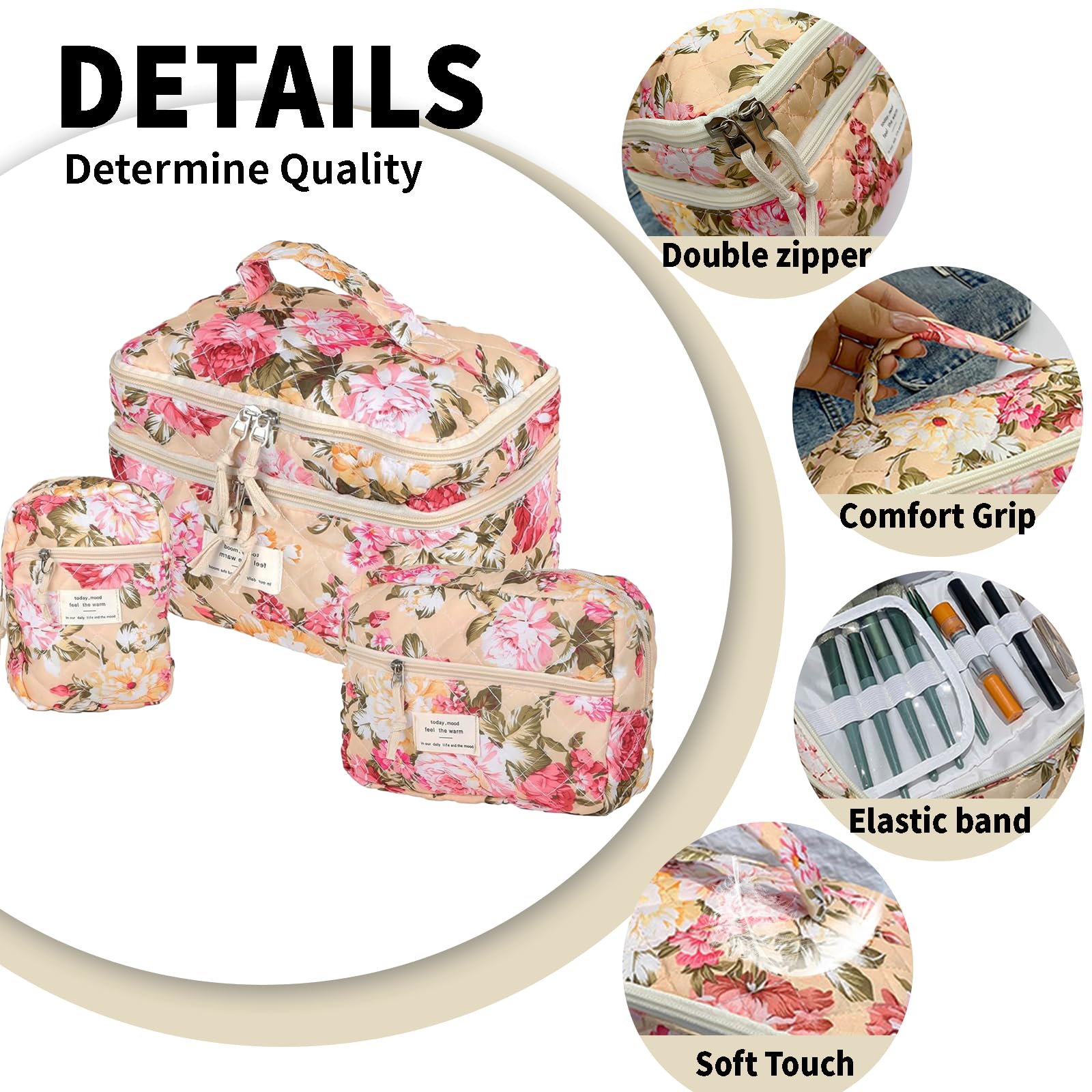 LAKSMI Upgraded 2-Layer Women's Makeup Bag Set - 3 Pack Quilted Floral Cosmetic Organizer, Large Cotton Travel Toiletry Bag for Makeup Storage & Travel Essentials | Perfect for Home, Office & Vacation