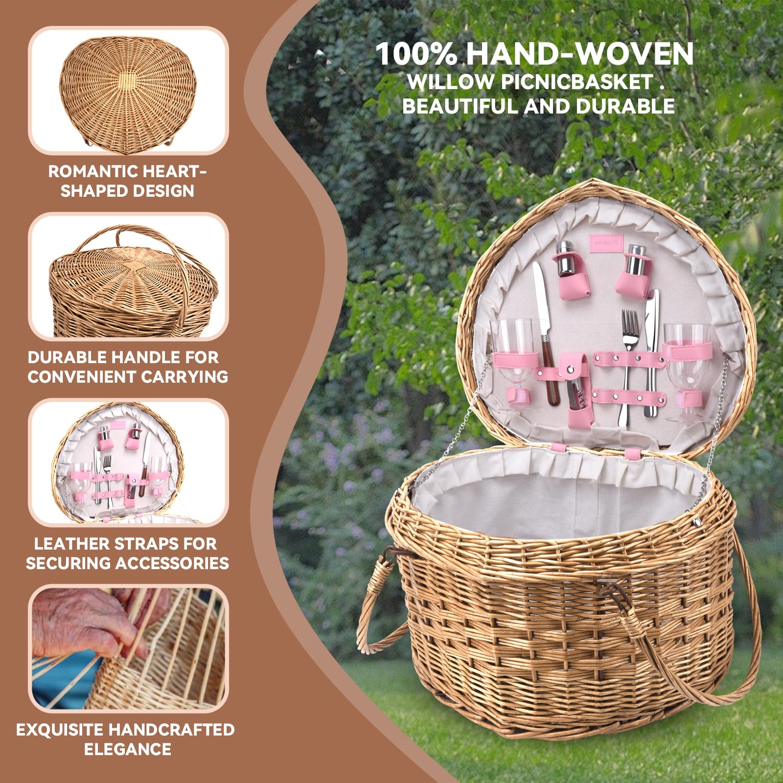 Romantic Heart Picnic Basket for 2 - Premium Wicker Willow Picnic Set with Complete Accessories | Perfect for Couples, Engagement Gifts, Wedding, Anniversary & Birthday Presents | Ideal for Outdoor Dates, Beach Picnics & Romantic Getaways
